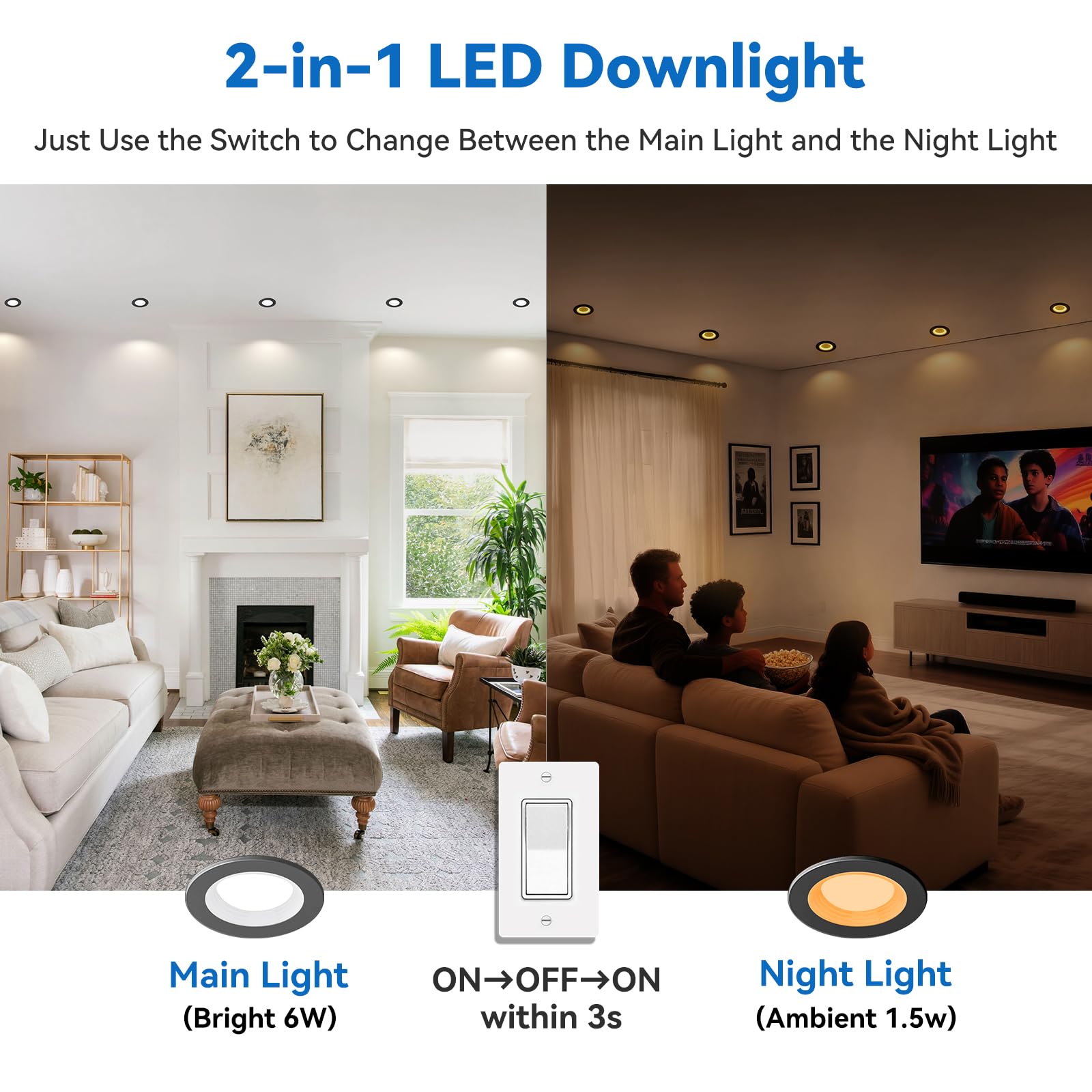 Cycevsun Black 3 Inch Led Recessed Lights Switchable Night Light & Main Light  5 Color Temperatures 2700K-5000K  Dimmable Canless Wafer Light Downlight For Cozy Home Lighting  6W/2W  Etl  24 Pack