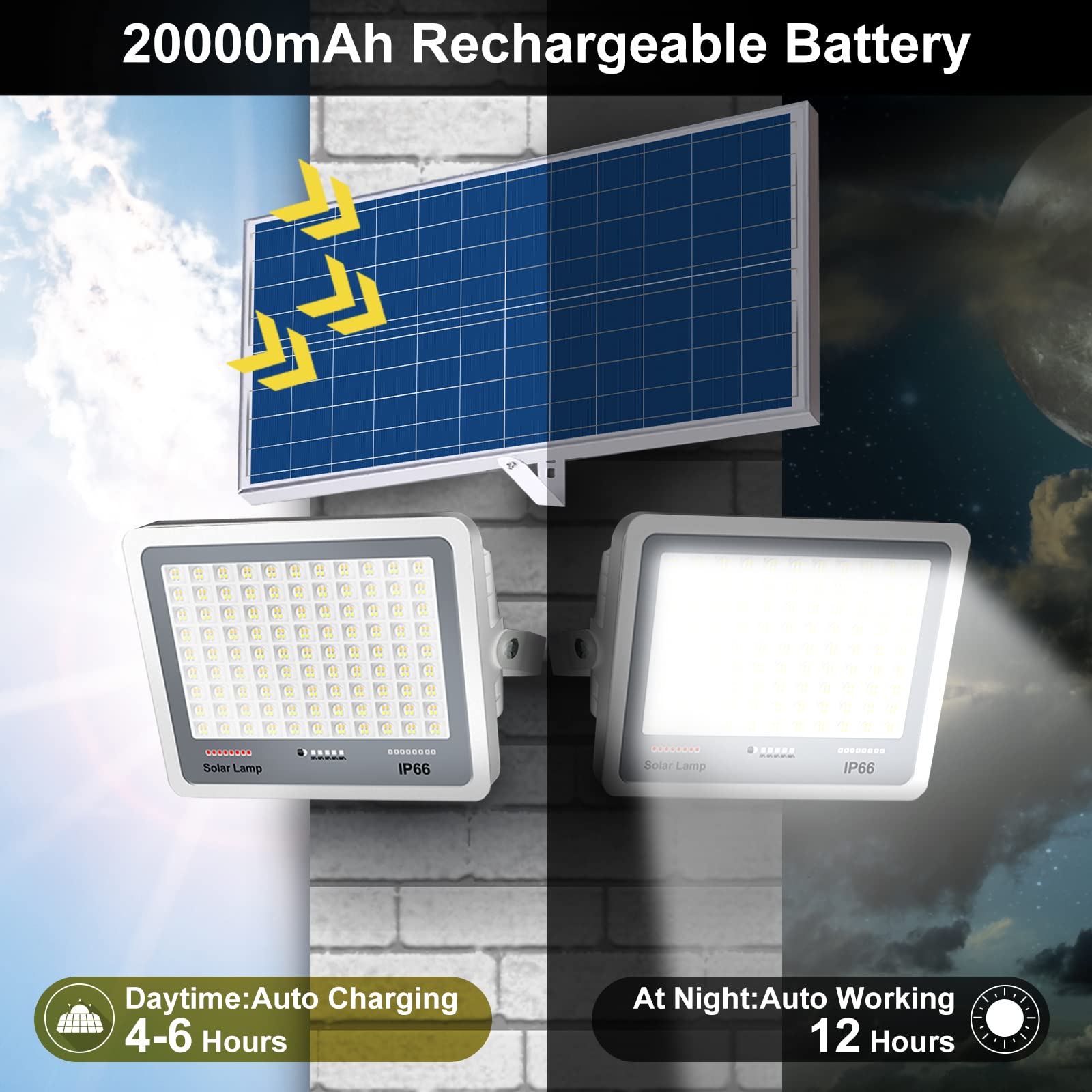 Dawumt Solar LED Flood Lights Set, 300W Dimmable, 3000K-7000K, Remote Control, IP66 Waterproof, White