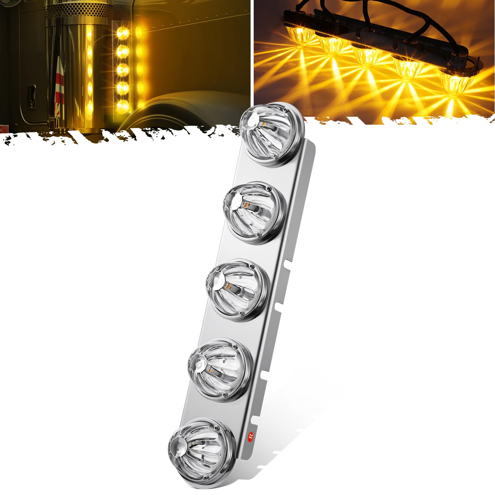 Partsam 1Pcs Passenger Side (Right Side) Radius Style 21.5 Front Air Cleaner Light Bar with 5Pcs Glass Watermelon Lights  Stainless Steel Bracket  Compatible with Peterbilt Kenworth Freightliner
