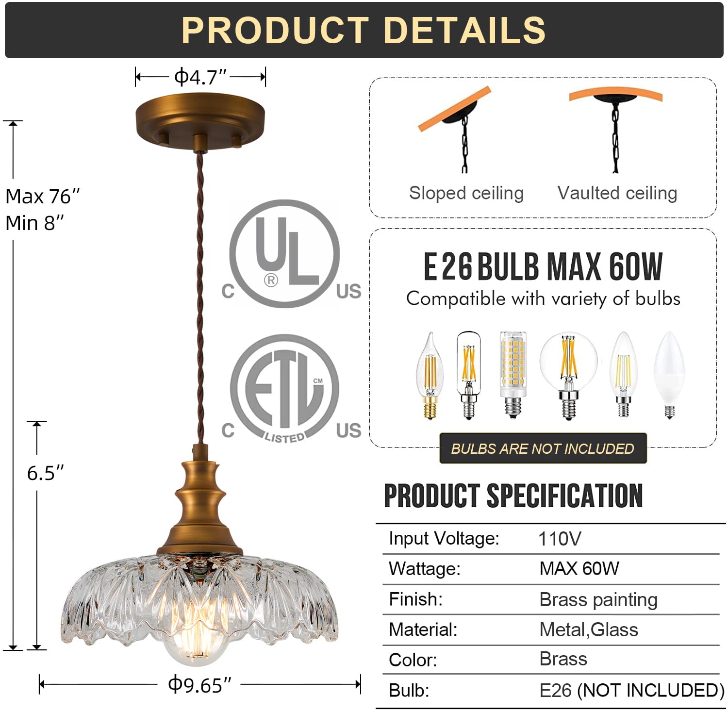 Vintage Glass Pendant Light Fixtures/Chandelier/Antique Hanging Lights Brass/Gold Finish,Farmhouse Modern Ceiling Kitchen Pendant Lighting Over Island/Sink/Table For Bedroom/Dining Room/Bathroom Deco