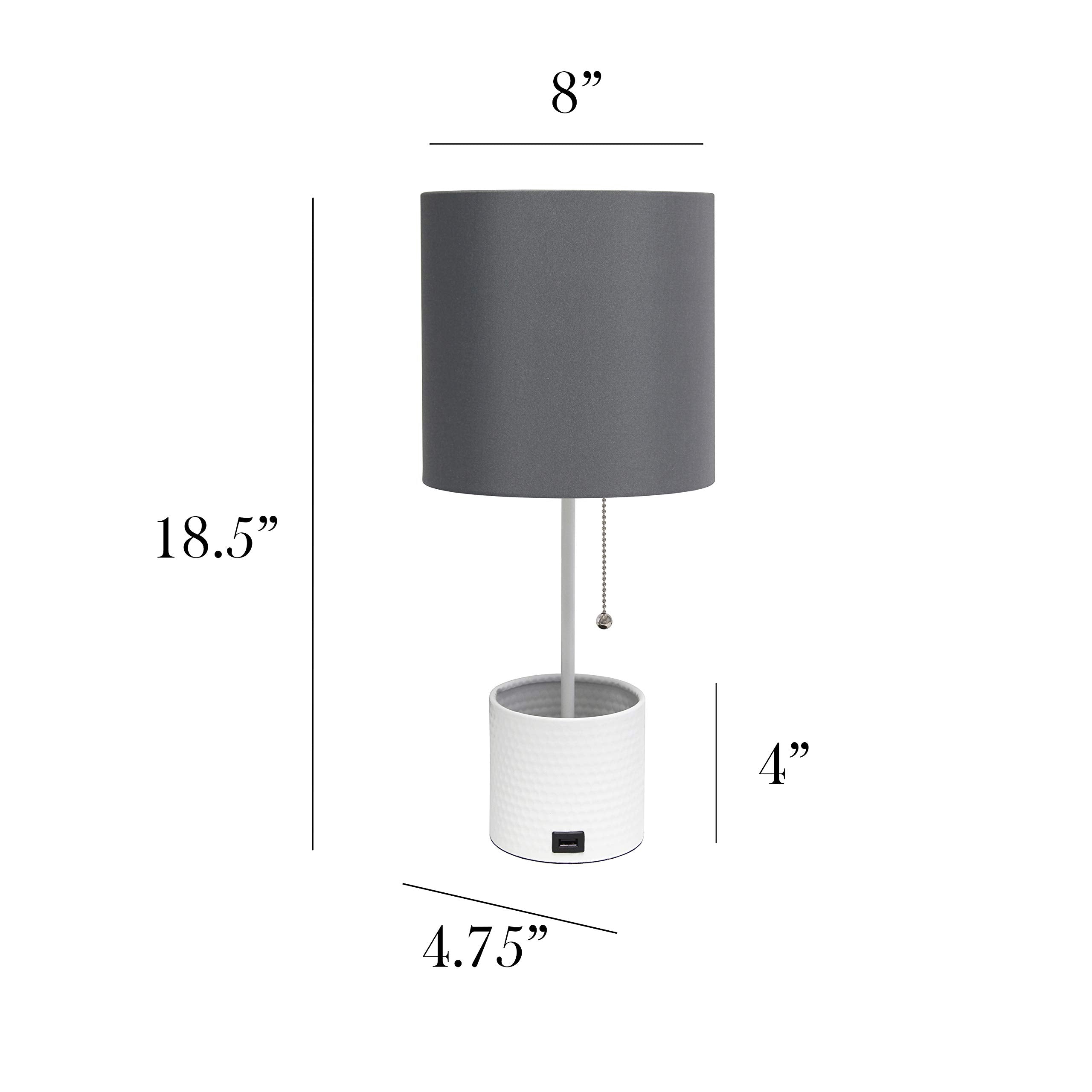 Simple Designs Lt1085-Gow White Hammered Metal Organizer Table Lamp With Usb Charging Port And Fabric Shade, Gray