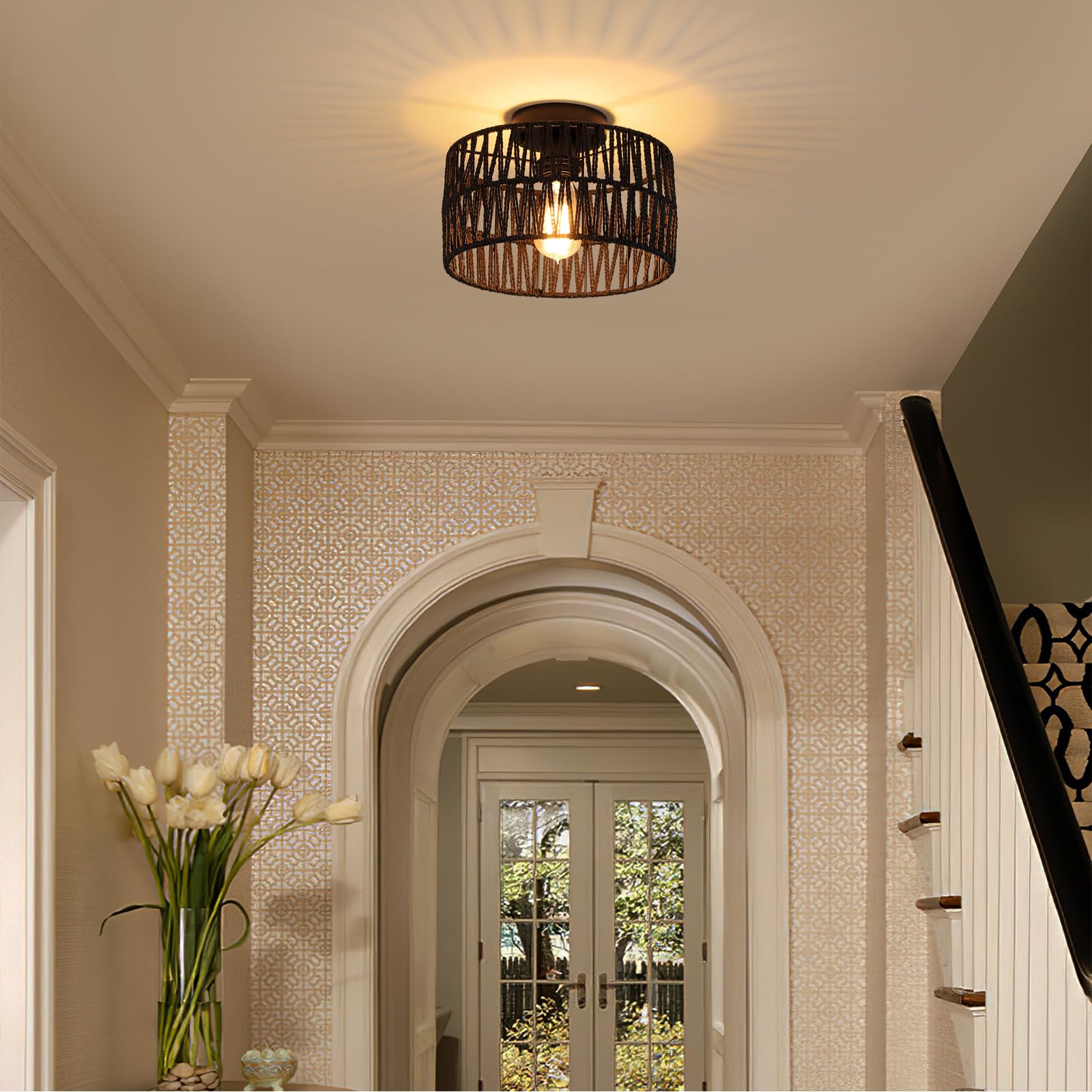 Hchunqjor Coastal Black Woven Flush Mount Light Fixture Rustic Industrial Hemp Rope Round Flush Mount Ceiling Light For Hallway