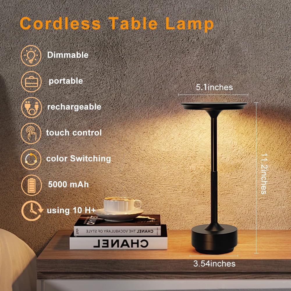 Rechargeable Cordless Table Lamps, Portable 5000Mah Outdoor Table Light, 3 Color Stepless Dimming Led Bedsidetable Lamp With Mem
