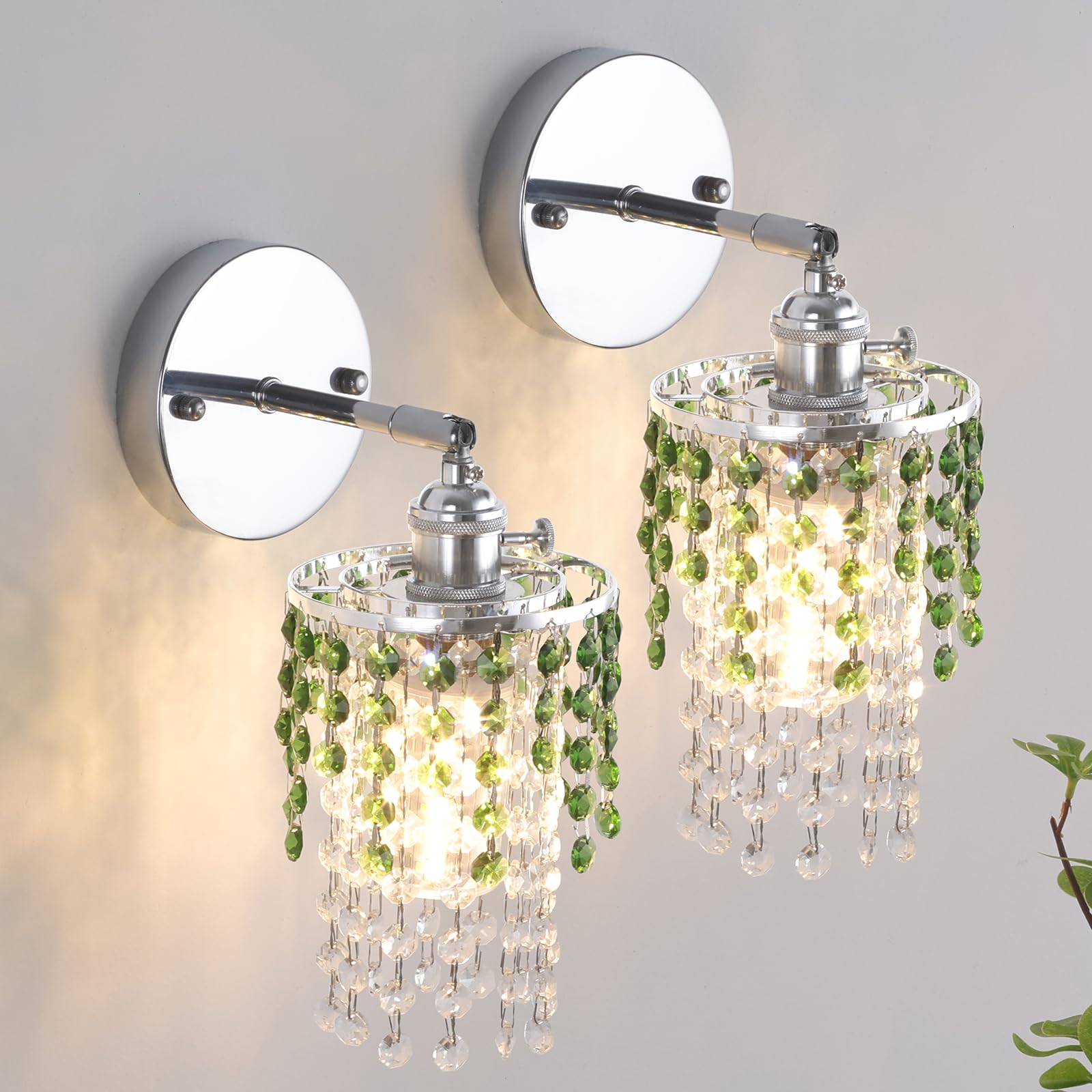Shenmoyl Crystal Wall Sconce Set of 2, Rechargeable 5400mAh, Dimmable Wireless Lights, Green-Silver Base, Model 1-73138-wlamp