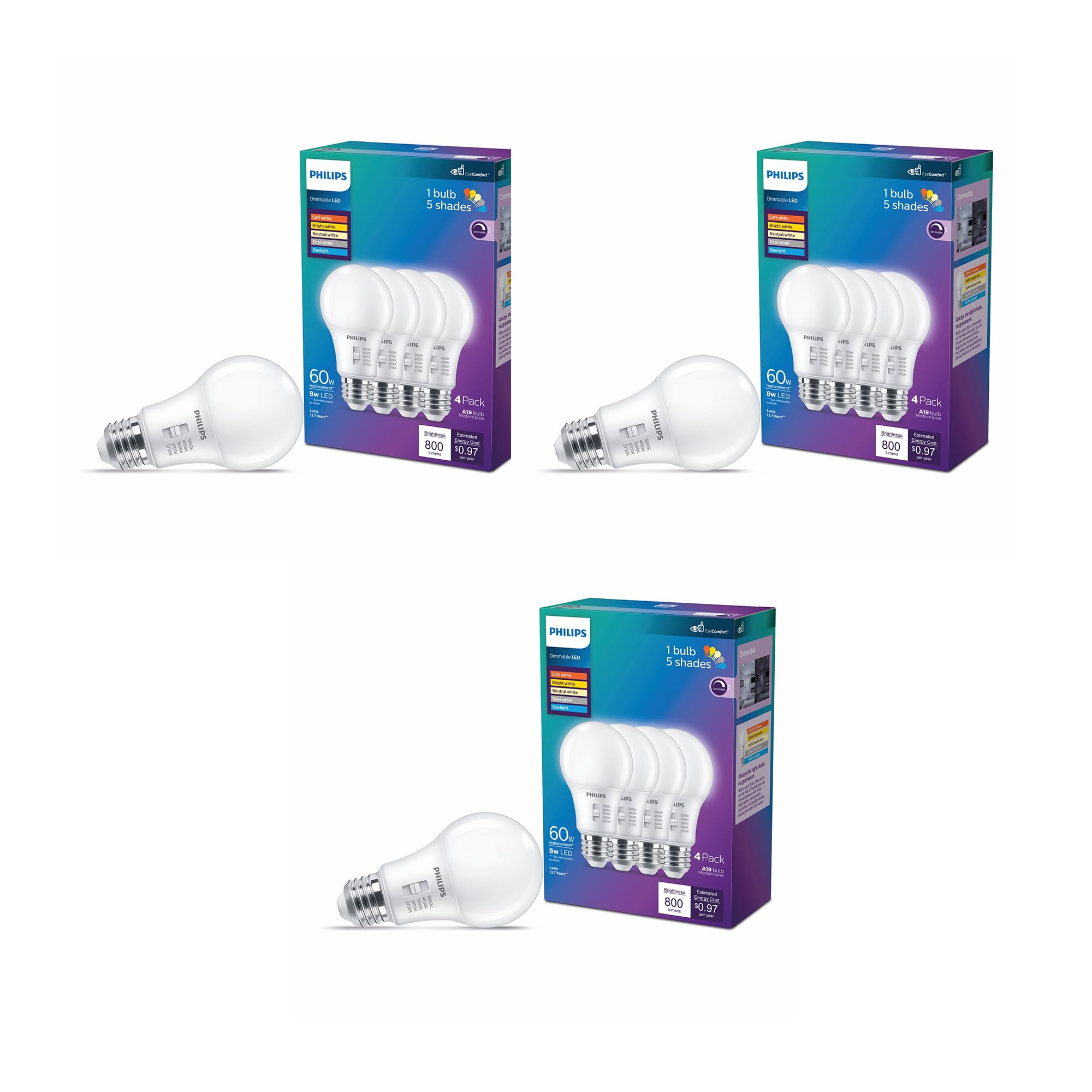 Philips Led A19 Selectable White Dimmable Led Light Bulbs - Flicker-Free 60W Light Bulbs With Eyecomfort Technology - Soft White