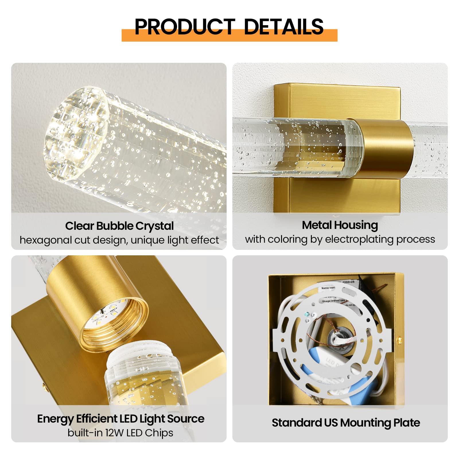CCYCOL Gold Crystal Wall Sconces - 2-Pack Dimmable LED Lighting, 12W 4000K, 18 Inch, Modern Fixtures for Bathroom & Living Room
