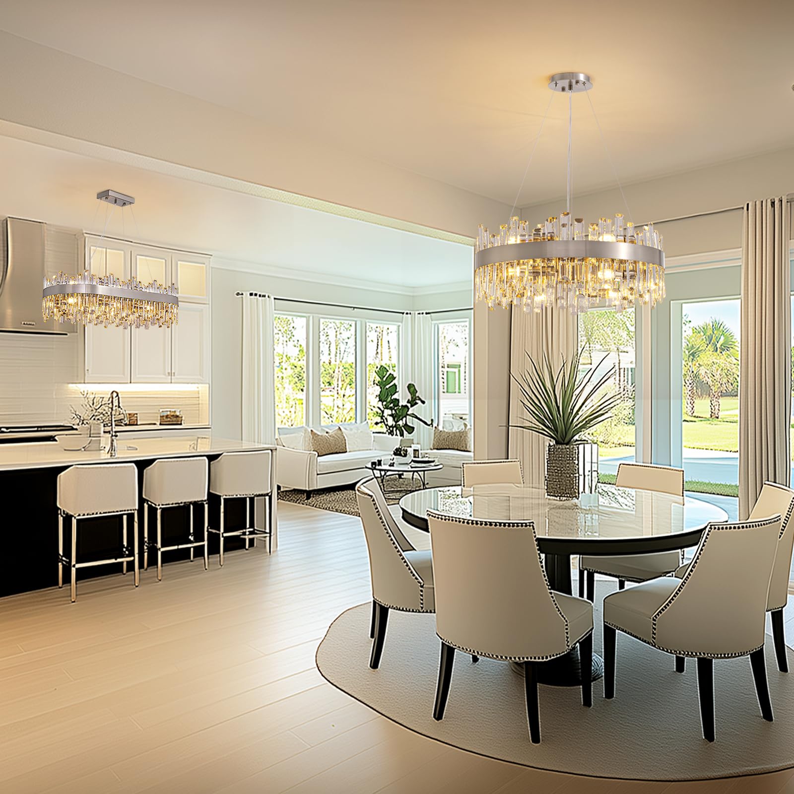 Siljoy Modern Crystal Chandelier, 12-Lights, Polished Chrome, Round D23.6'', Nickel, Model HLP12506SQG