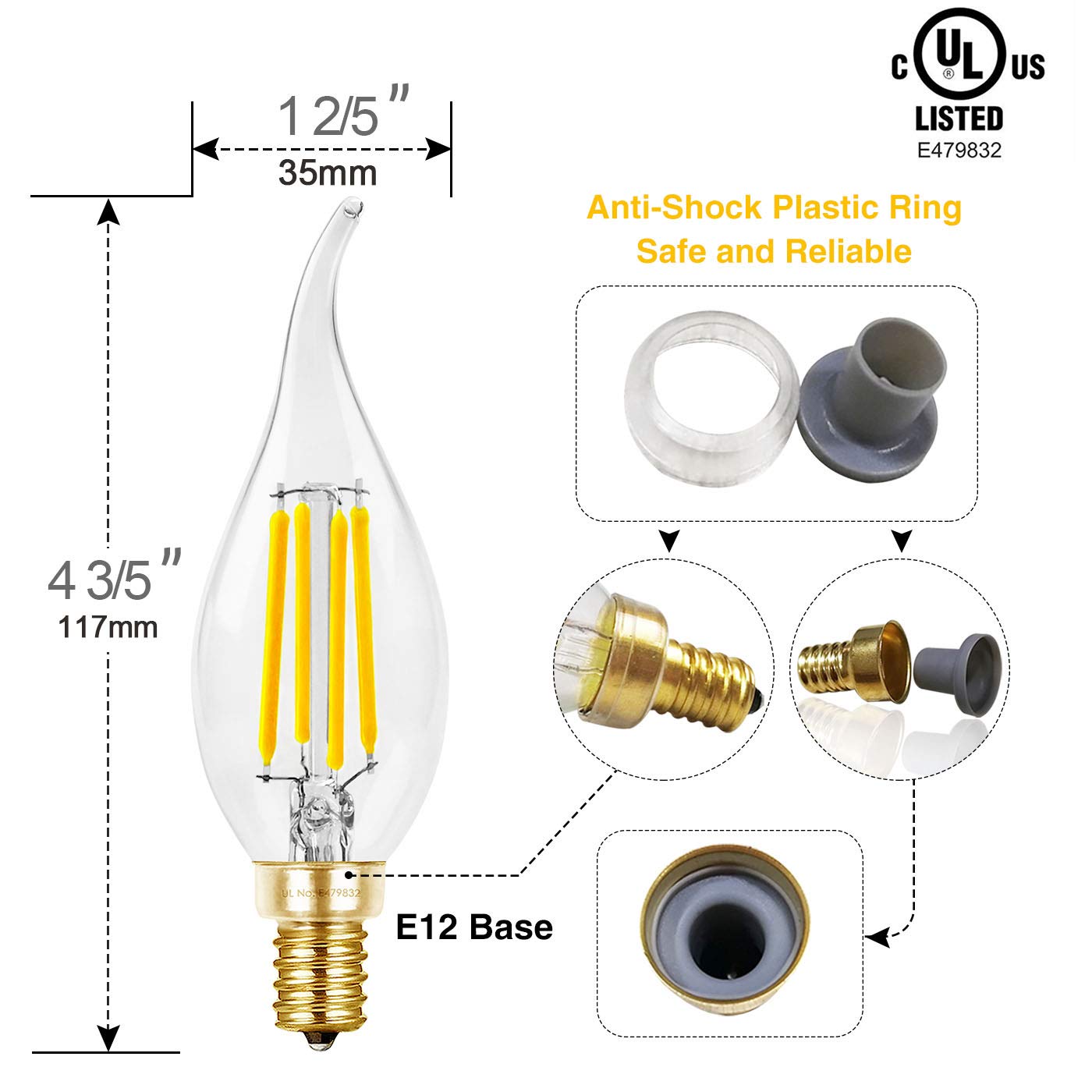 Hizashi LED Candelabra Bulbs 6W 5000K Daylight White Dimmable E12 6 Count CA11 Flame Tip Glass