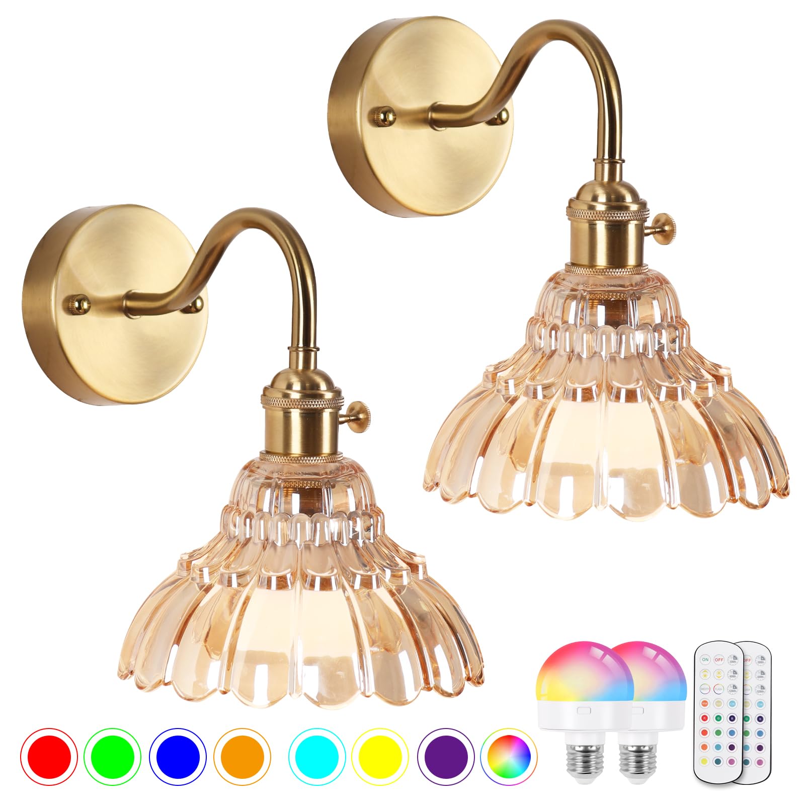 EIDEARAY Vintage Battery Operated Wall Sconces Set of Two, RGB Dimmable Remote Control, Flower Amber, Model YLC-BRO3TB