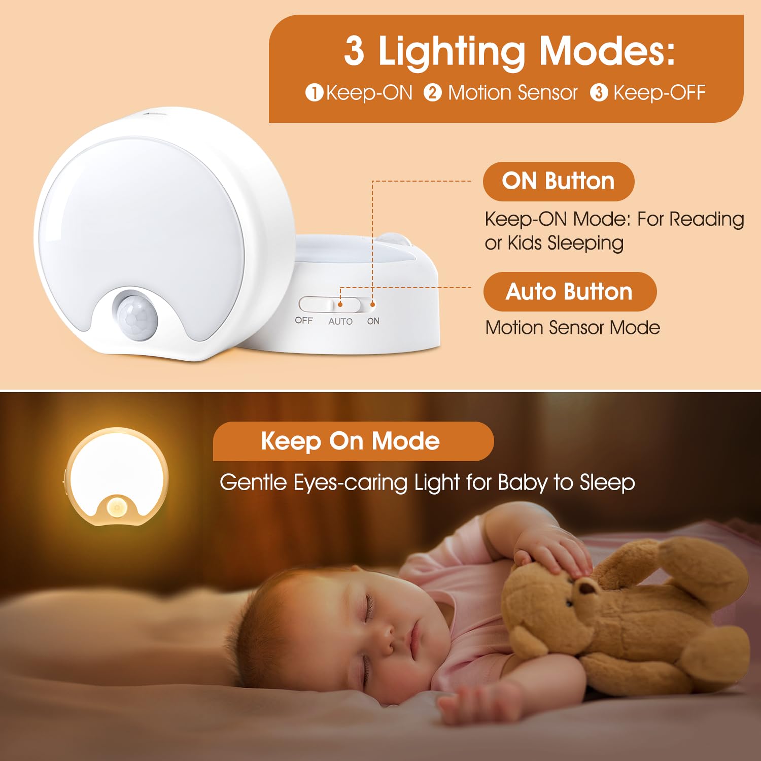 Motion Sensor Light Indoor Rechargeable 3Pack,65 Lumen+3 Modes Sensor Lights Indoor, Just-Stick-It Stairs Lights,Rechargeable Mo