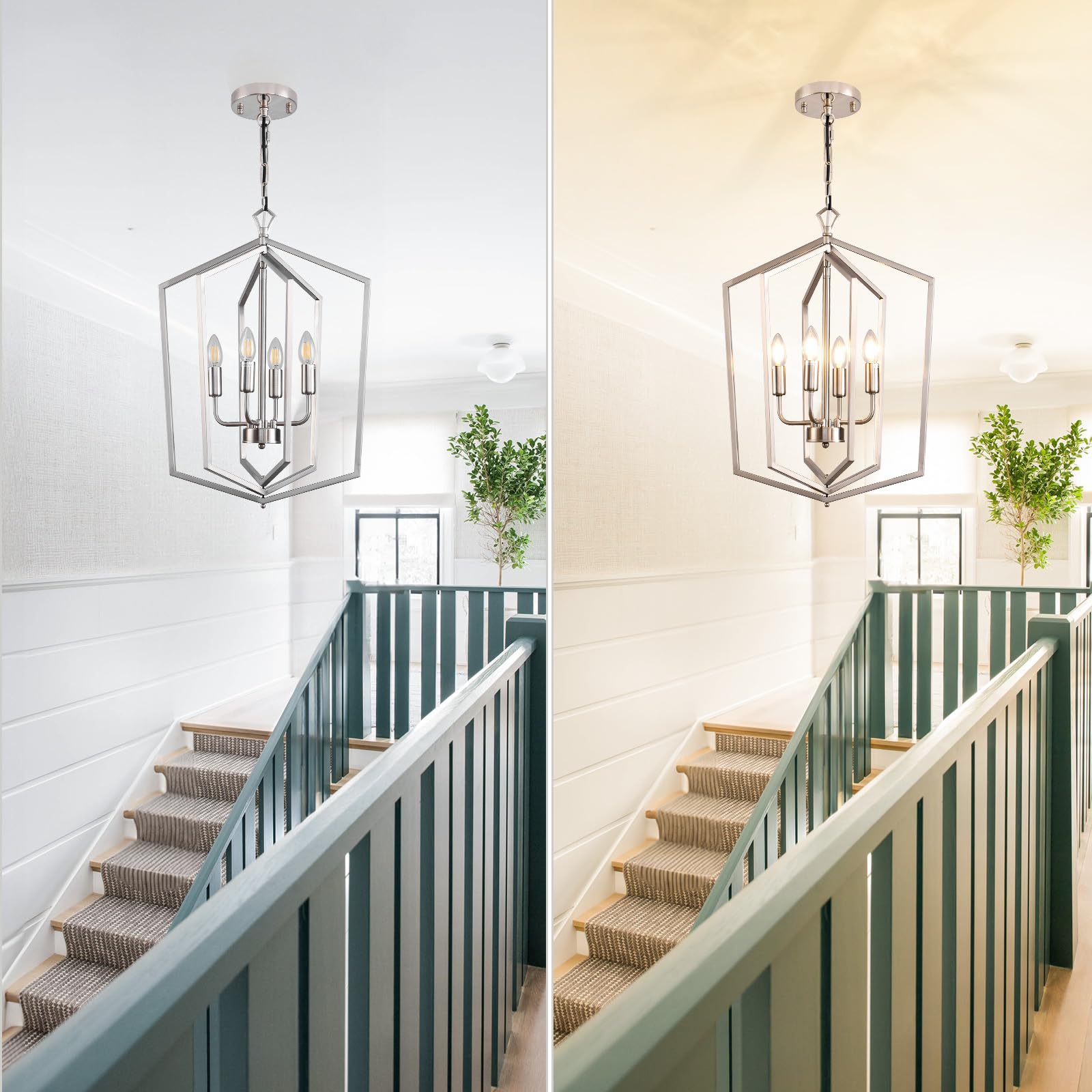 4-Light Lantern Pendant Light Chrome Modern Hanging Pendant Light Fixtures, 18.1'' With Adjustable Chain Metal Cage Dimmable Geo