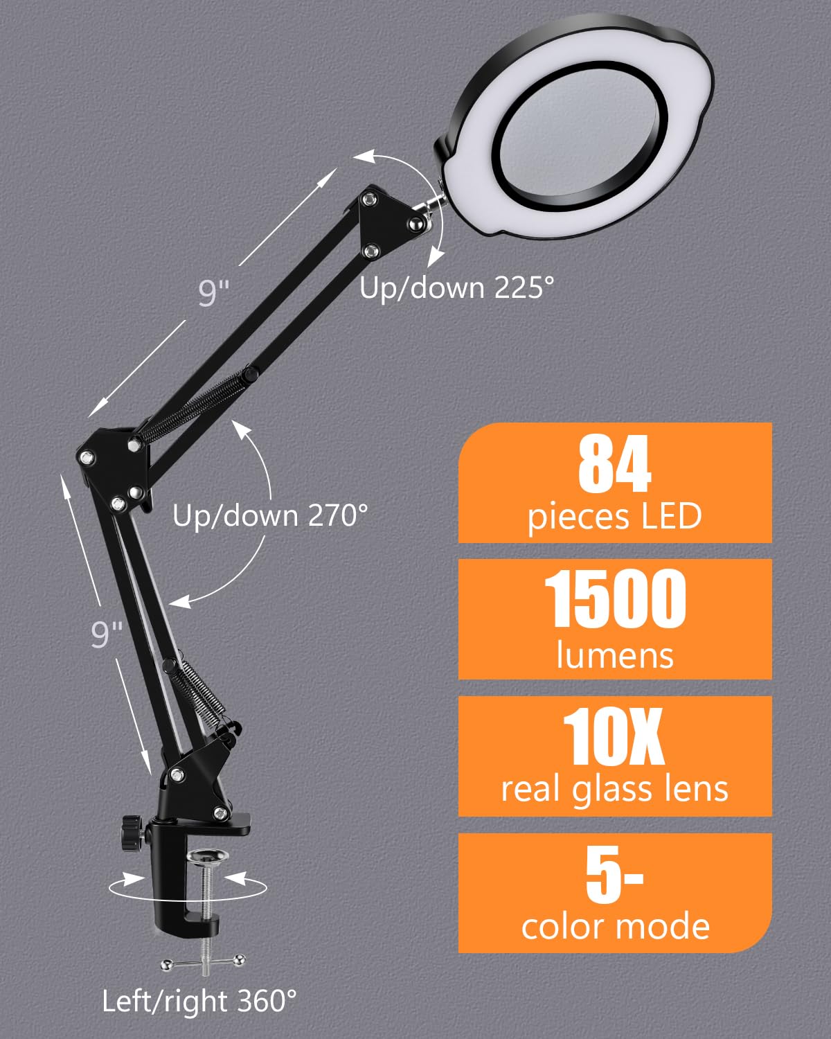 Aigogo 10X Magnifying Glass with Light, 5 Color Modes, Stepless Dimmable LED, Black, Model M10