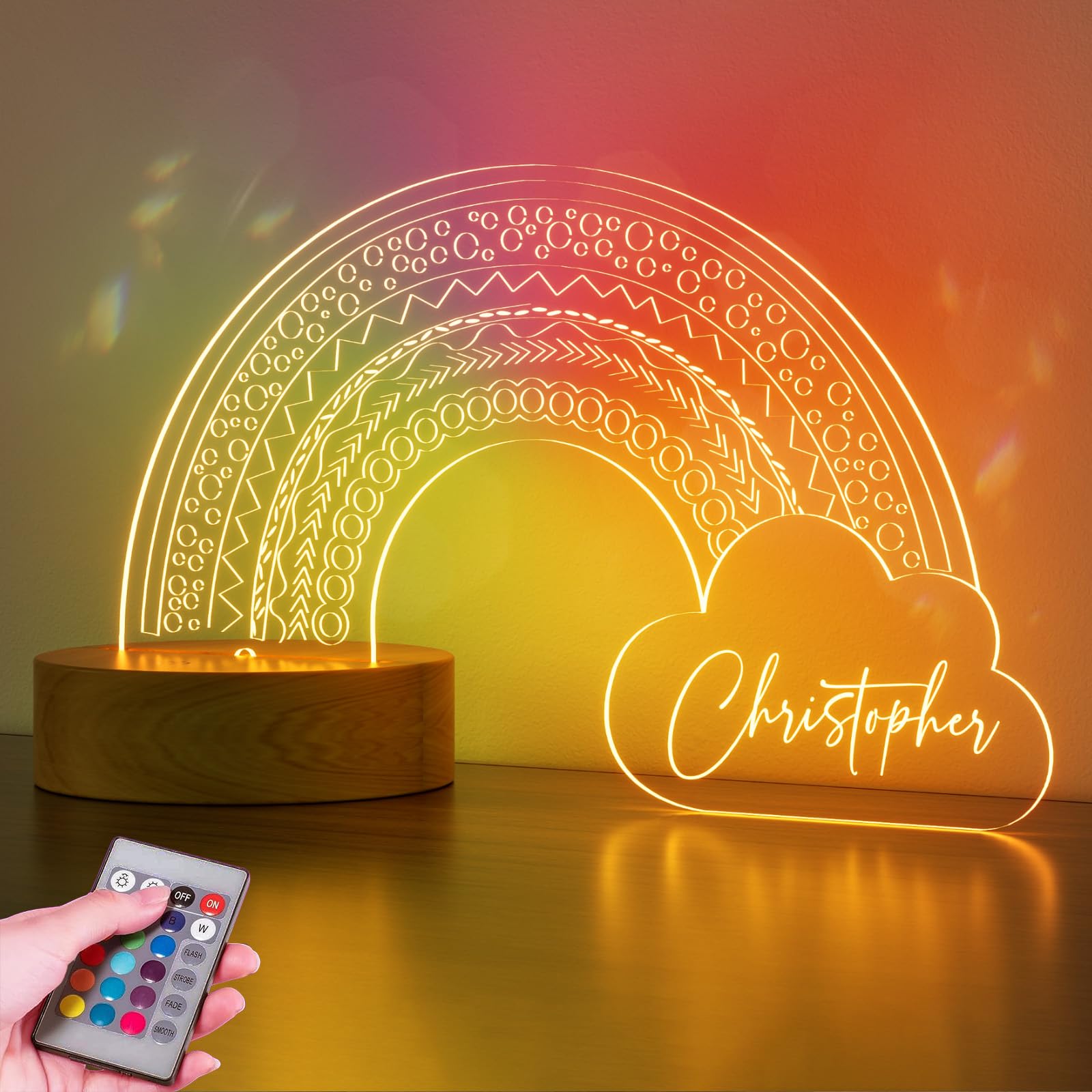 Burst Bird Personalized Night Light for Kids - Rainbow Acrylic, Remote Control, Color-Changing, Laser Engraved, Model PNL-Rainbow