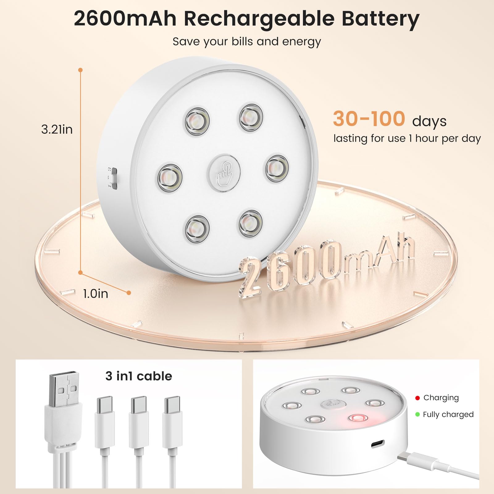 Onumii Rechargeable Under Cabinet Lighting Puck Lights With 2.4G Remote 2600Mah Sync And Groupable Color Changing Magnetic Stick
