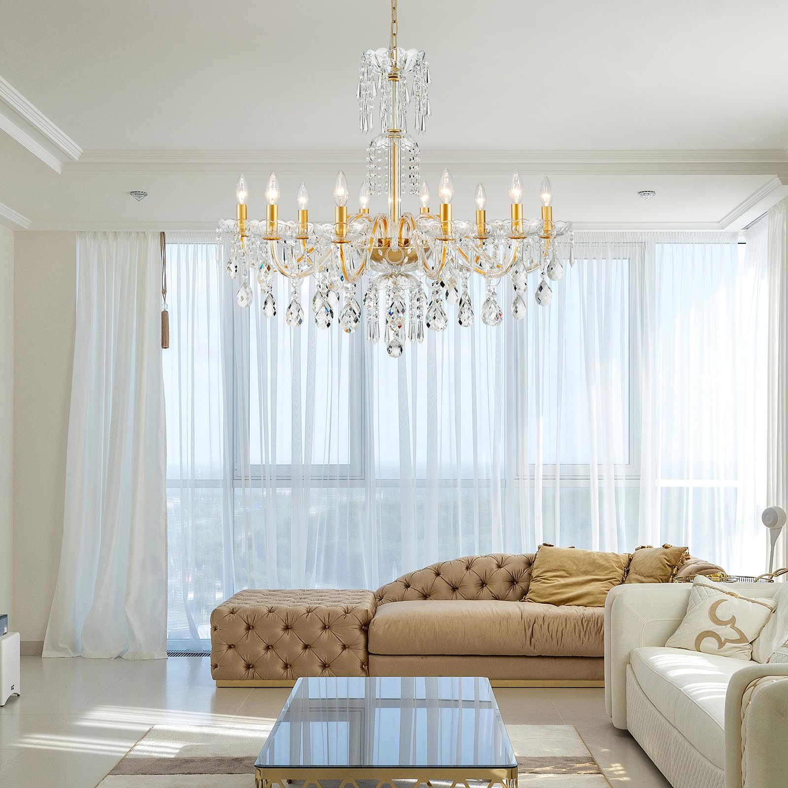 Wuzups 10-Light Crystal Candle Chandelier Pendant Ceiling Light Modern Lighting Fixture For Bedroom Hallway Bar Kitchen Bathroom  H 26.7 W 33.9  E12 Base  Gold