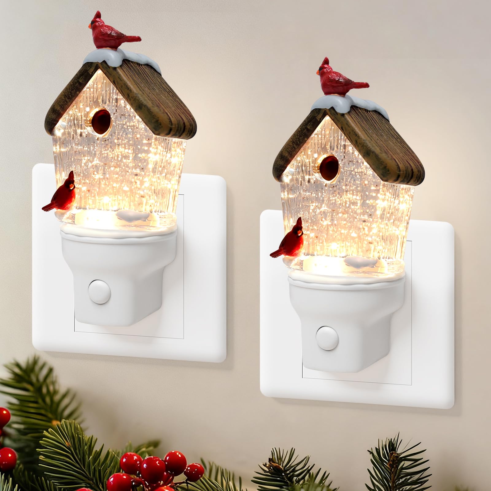 2 Pack Christmas Birdhouse Night Light Plug into Wall Glitter Water Nightlight with USB/Outlet Options  Christmas Decorative Nightlight for Bedroom Kitchen Holiday Decorations Gifts (Birdhouse)