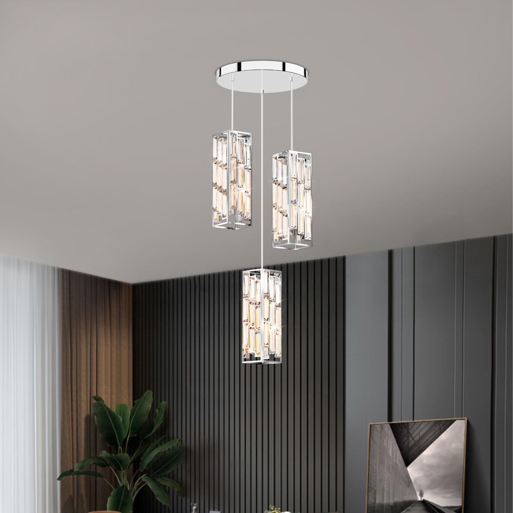 Aoceley 3-Light Chrome Pendant Lights Modern Pendant Light Fixture, Mini Crystal Pendant Ceiling Light, Pendant Light For Kitche