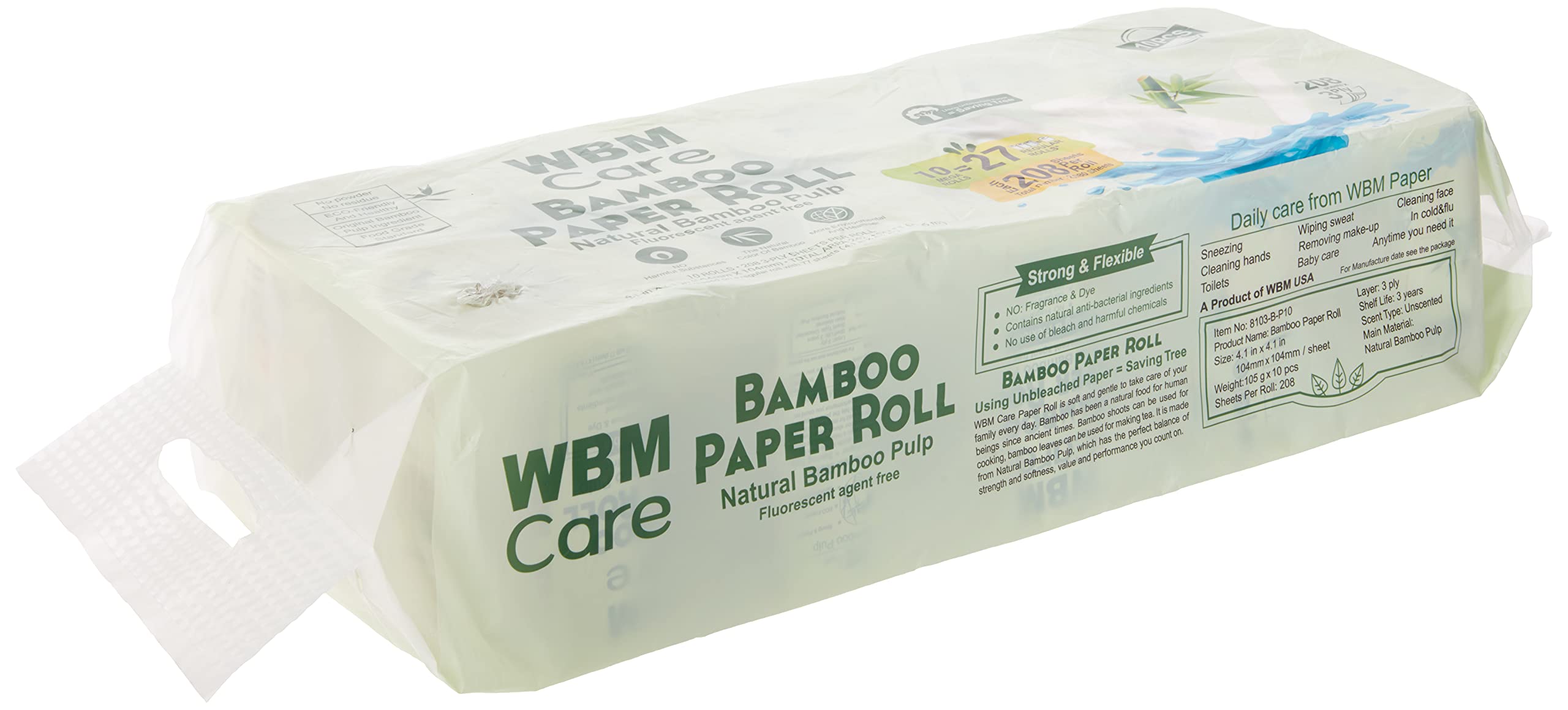 Elvissmart Natural Babmboo Toilet Paper Roll-3 Ply, 10 Count, Bamboo, 10 Count