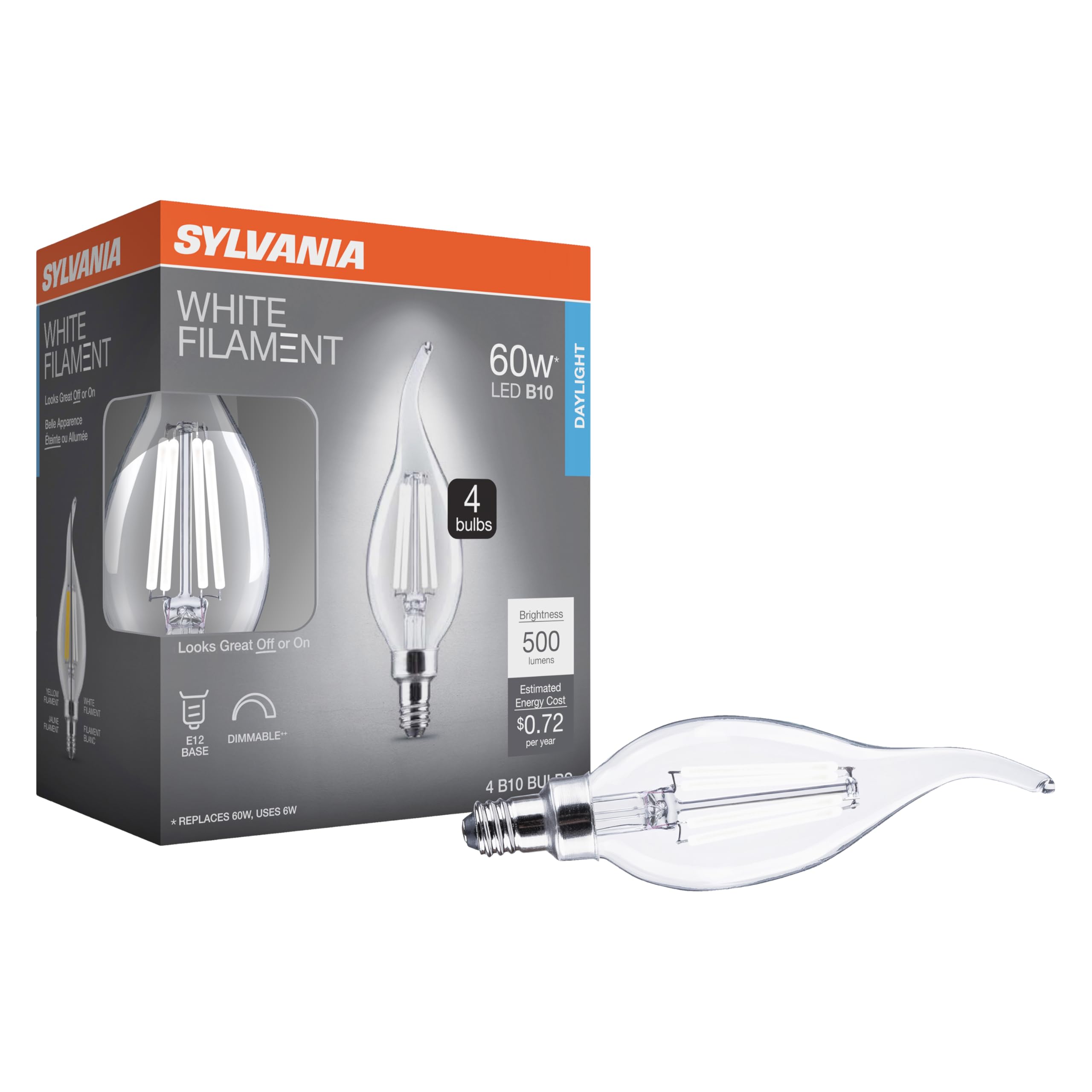 Sylvania B10 Clear Led White Filament Bulb, 6W, Dimmable, 500 Lms, Candelabra Base, 5000K, Daylight - 4 Pack (41849)