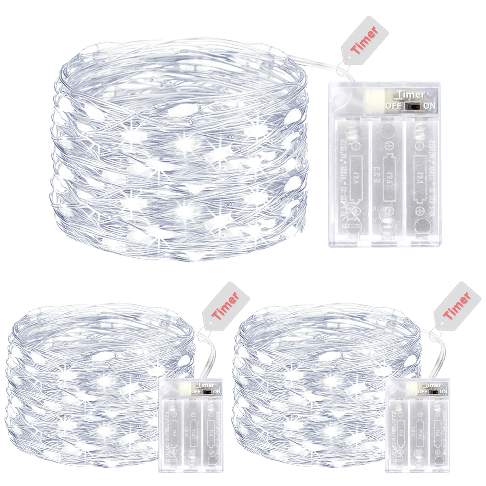 kolpop 3 Pack Fairy Lights Battery Operated with Timer, 50 LED Twinkle Lights Battery Powered, Cool White Mini String Light for 