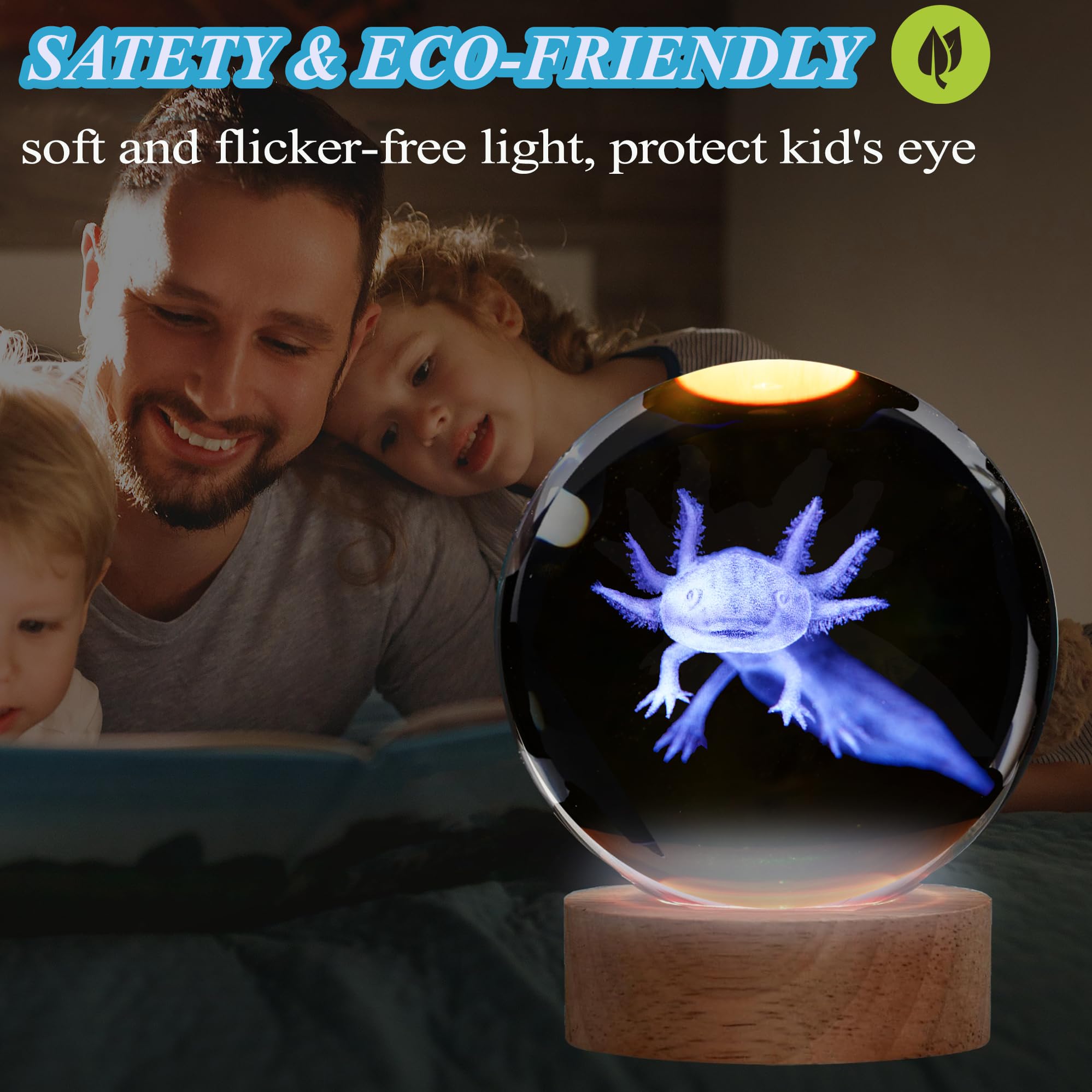 POSSHE Axolotl Night Light - 3D Crystal Ball Lamp with Remote, 16 Colors, 3.15 Inch - Unique Gifts for Boys & Girls, Model MY-3D L