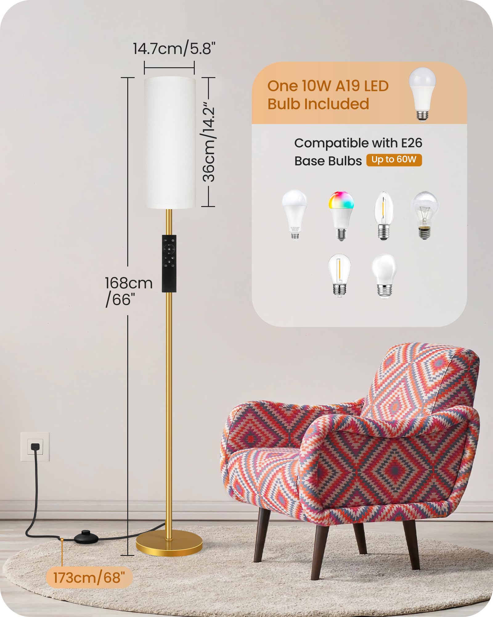 Dimmable Floor Lamp For Living Room With Remote And Foot Switch, Corner Floor Lamp For Bedroom, 66'' Standing Tall Lamp, 10W 900
