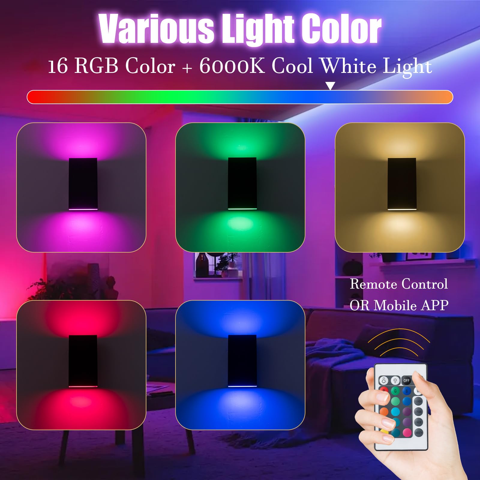 Zicbol Outdoor Wall Light, 10in RGB Color Changing Sconce, Remote/App Control, Black, Metal, Model HY058