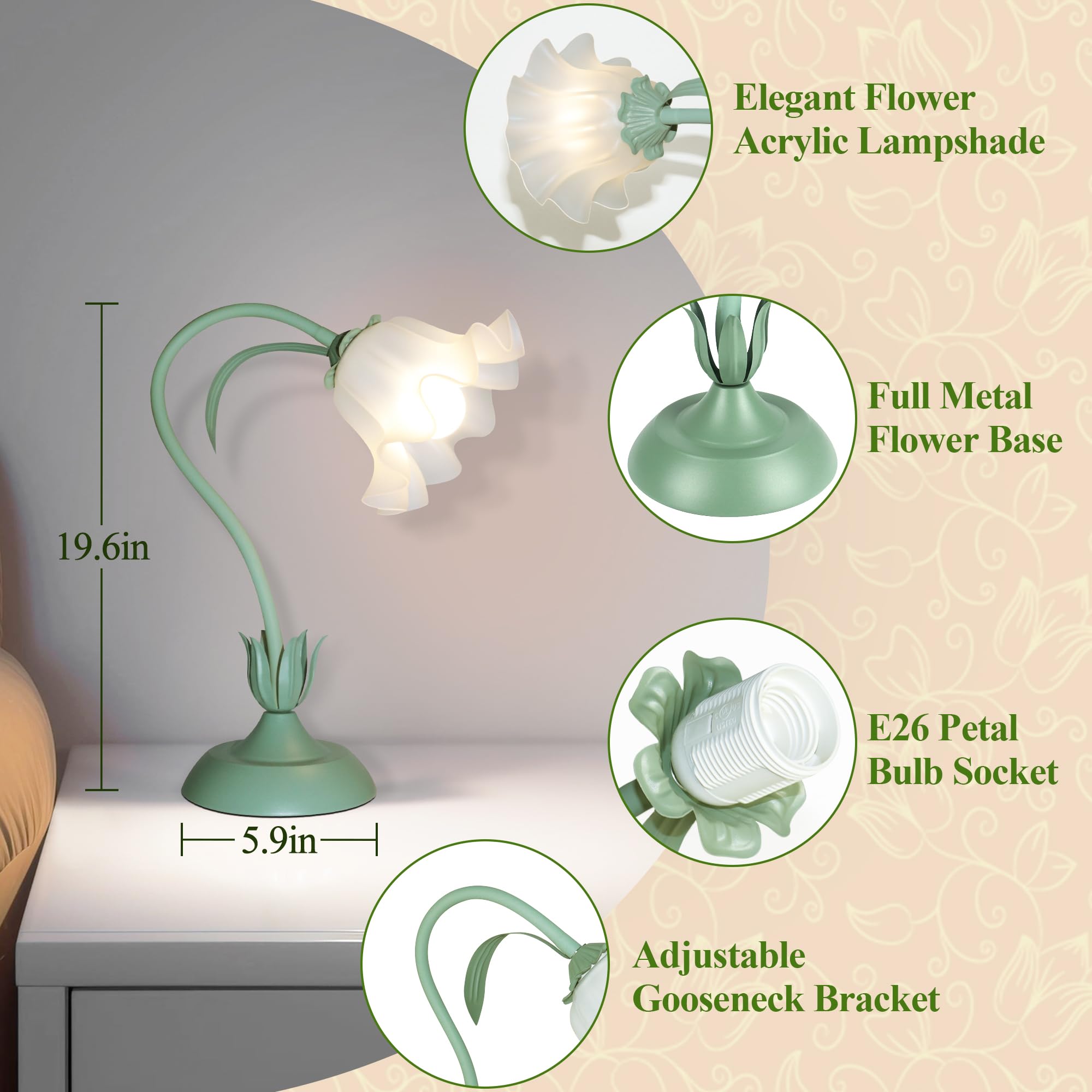 WERFOP Flower Table Lamp, LED Night Light, Vintage Desk Lamp, Medium Size, Metal, Green, Model WTL-R-M