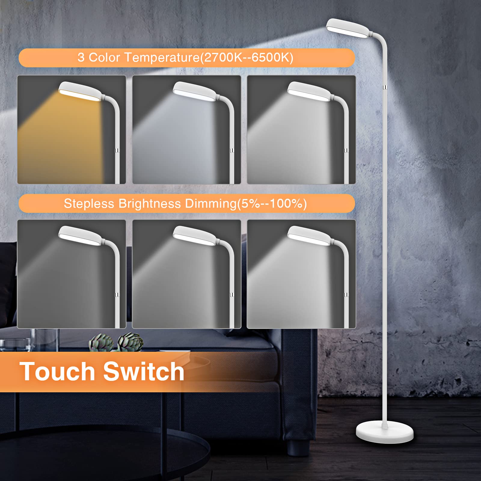 YUWLDD Cordless Floor Lamp, 5000mAh Rechargeable, Touch Control, Gooseneck, 3 Color Temperatures, White, Model LD202
