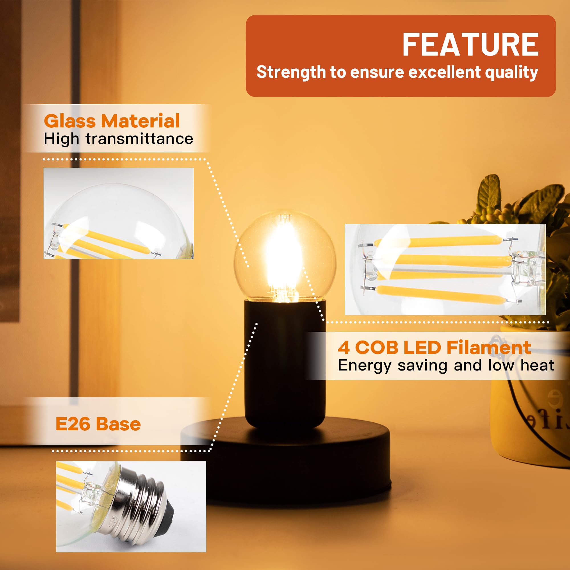 Guangyue Dimmable E26 Clear LED Edison Bulbs G16.5 4W 450LM 2700K Soft White 6 Pack
