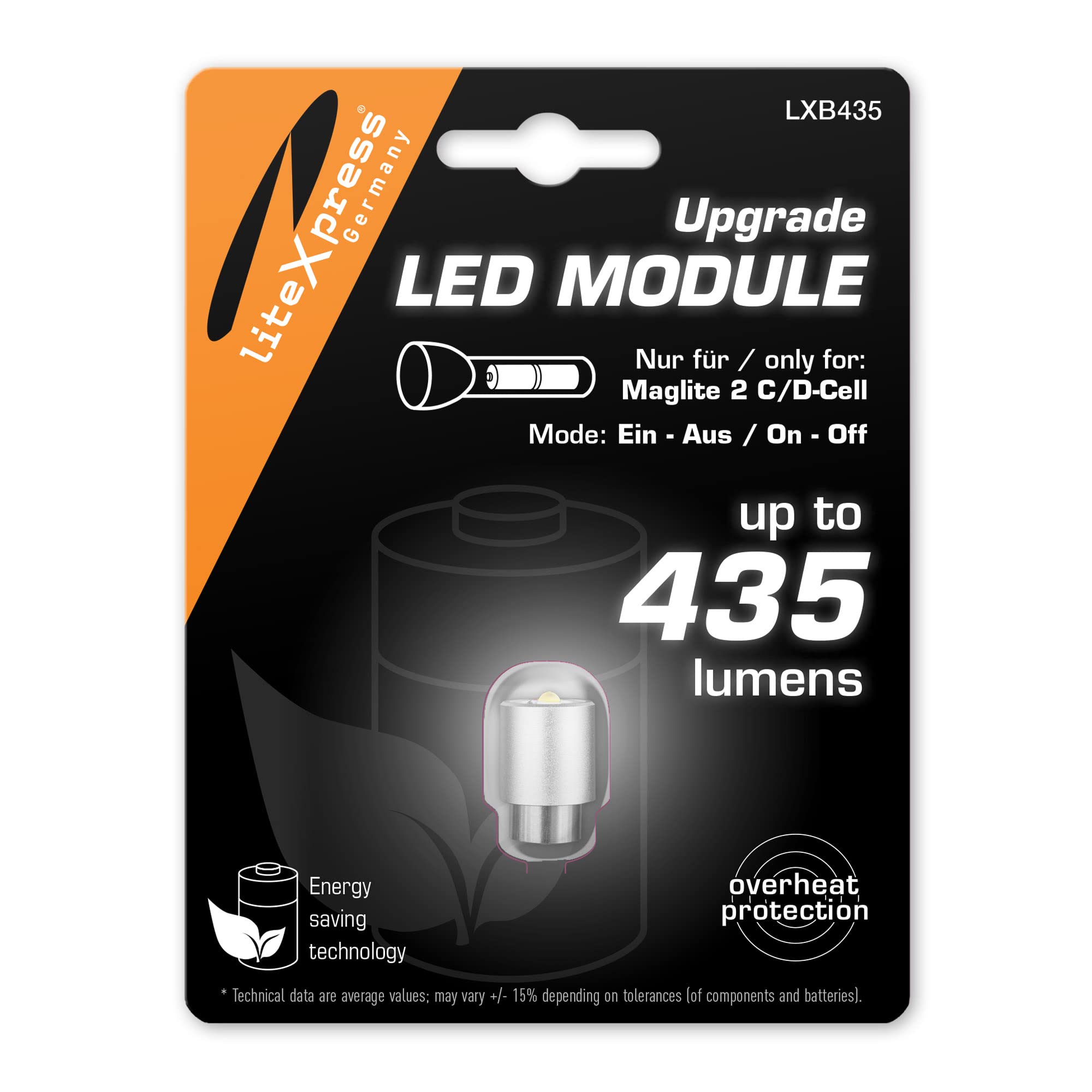 LiteXpress LED Upgrade Module LXB435, 435 Lumens, Aluminum, Silver, Small, Compatible with Maglite S2D015/016, S2C015/016
