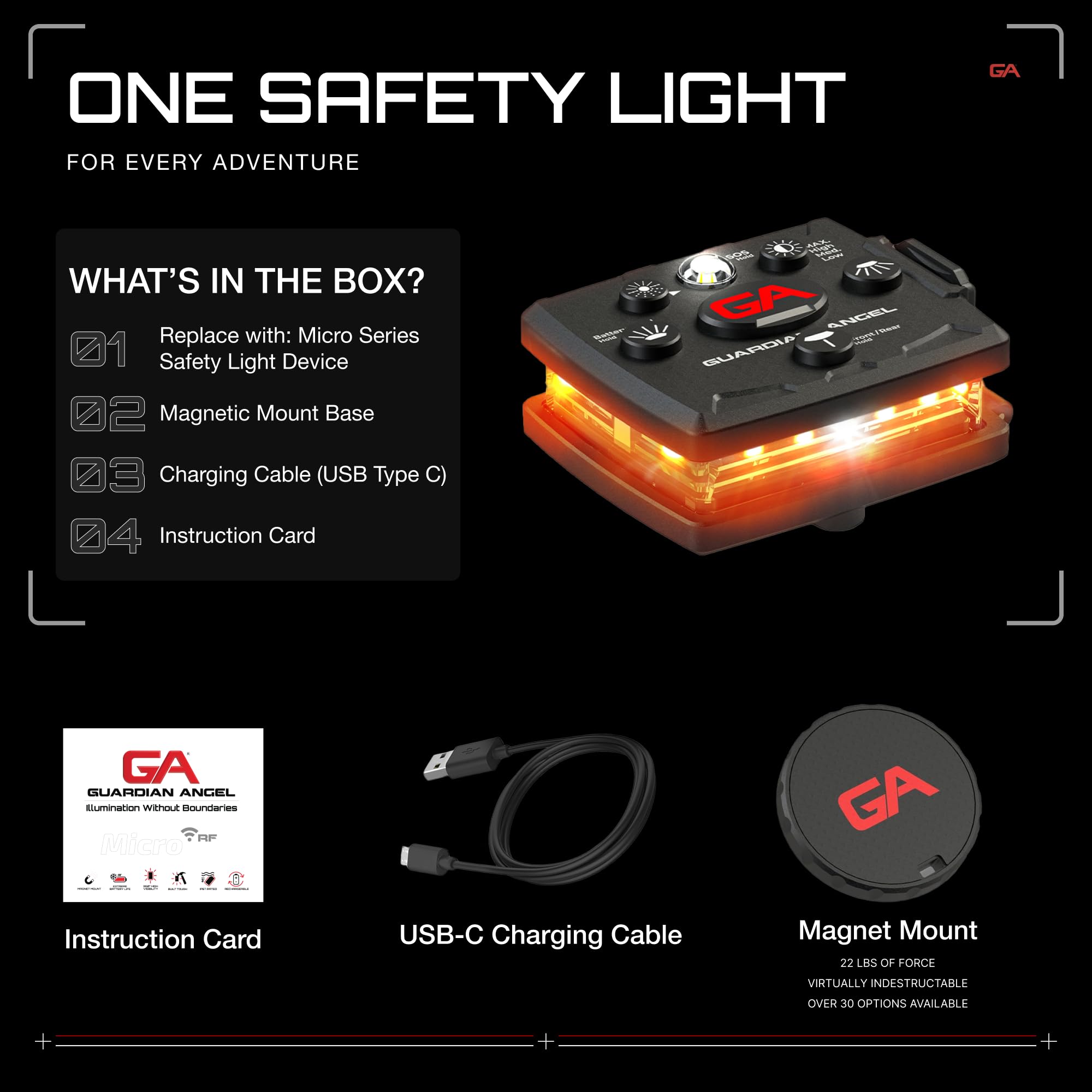 Guardian Angel Micro Series Safety Lights, Beacon Device (Orange Front & Orange Rear) | Rechargeable, Magnetic, Hands-Free Weara