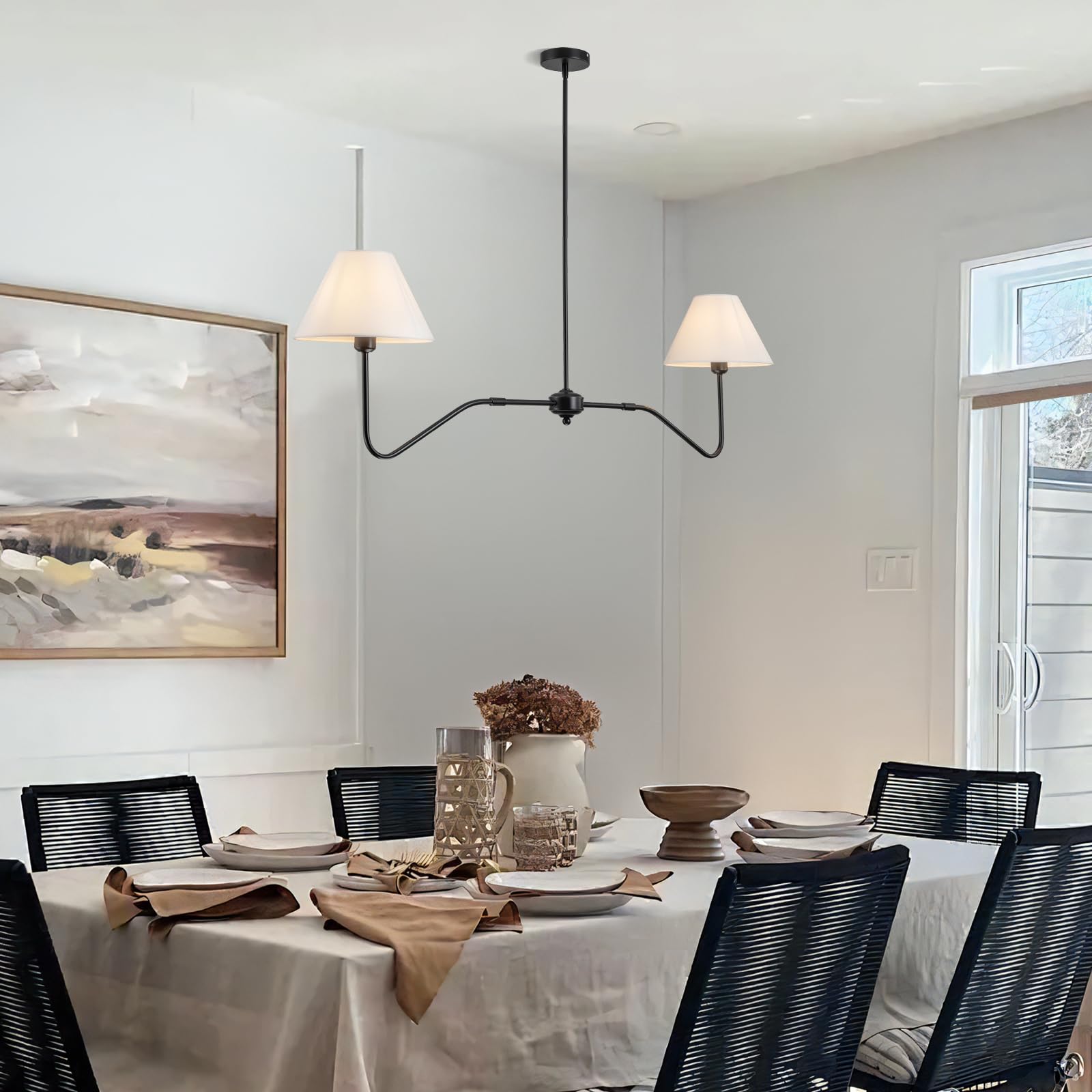 Jsdorsy 2-Light Modern Linear Chandelier For Dining Room  55 Inch Farmhouse Kitchen Island Lighting With White Fabric Shades  Hanging Lighting Fixtures For Living Room Bedroom