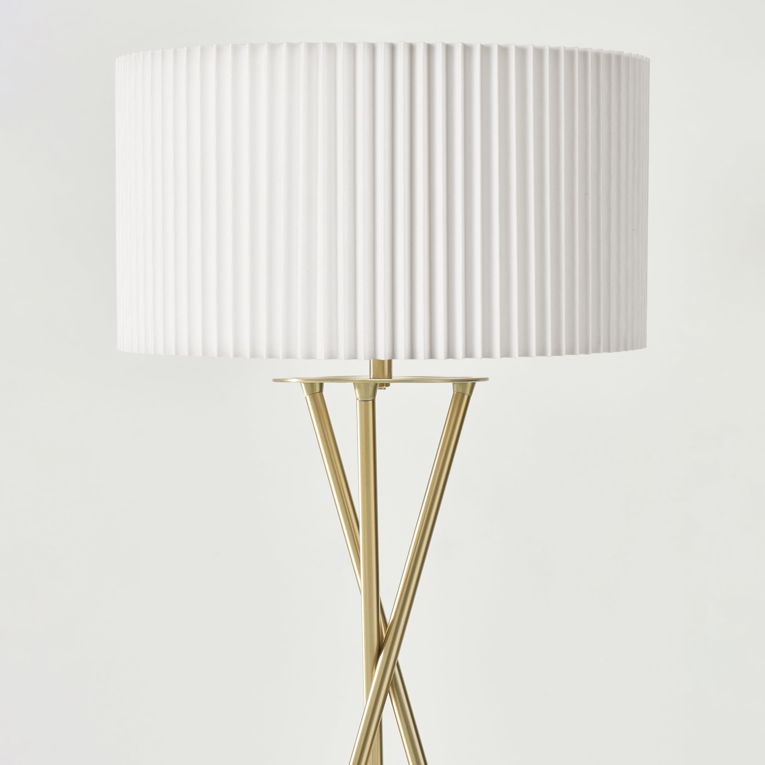Brightech Jaxon LED Floor Lamp, Modern Brass Tripod Design, Pleated Drum Shade, Model FL-JXNPL-BRS