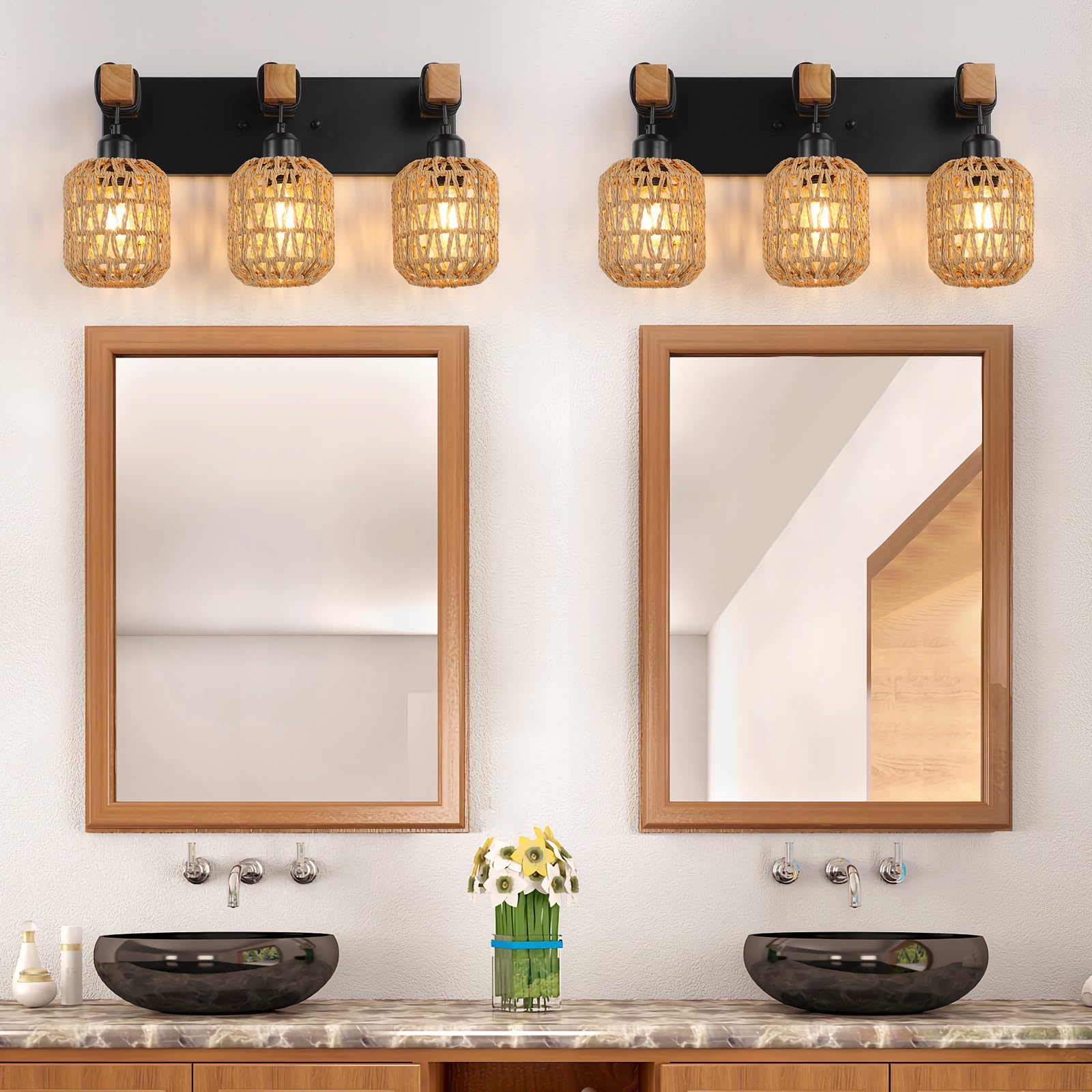 LmnLvn 3-Light Bathroom Vanity Light Fixtures, Rustic Wood Sconce with Boho Wicker Lampshade, Black, Model L8001