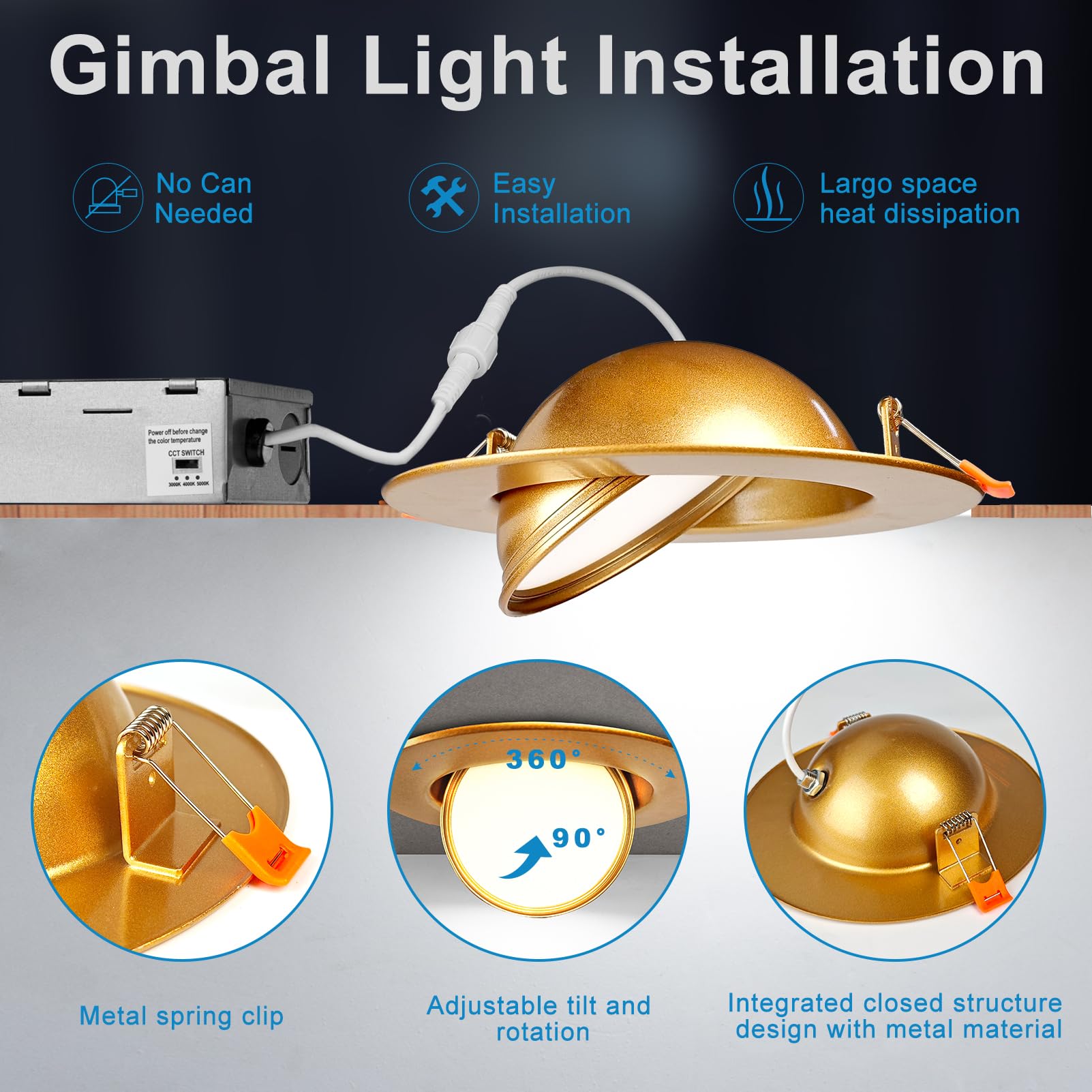 Lightdot 6 Pack 6 Inch Adjustable LED Gimbal Downlight, 1300LM Dimmable, Gold, ETL/FCC Certified, Ideal for Living Room/Kitchen