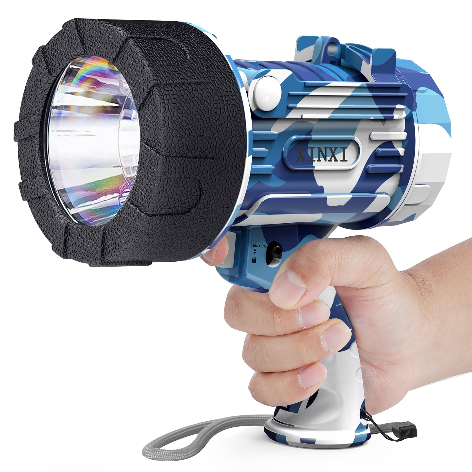 XINXI Rechargeable Spotlight, 1000000 Lumens, 4 Light Modes, USB Charger, IP67 Waterproof, Model X2303b, Camouflage Blue