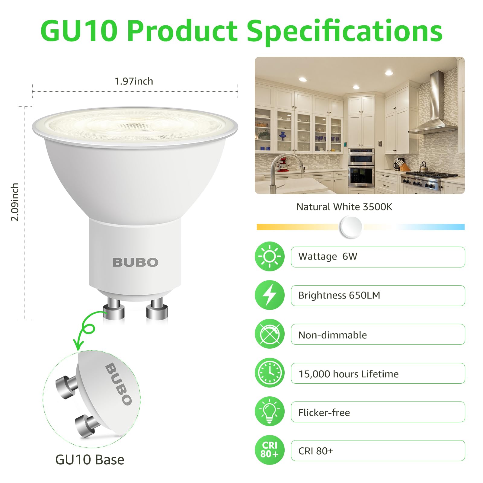Bubo Gu10 Led Bulb 6W Equivalent 50W, 3500K Natural White 650 Lumens, Non-Dimmable Gu10 Bulb Replacement For Track Lighting, Mr1