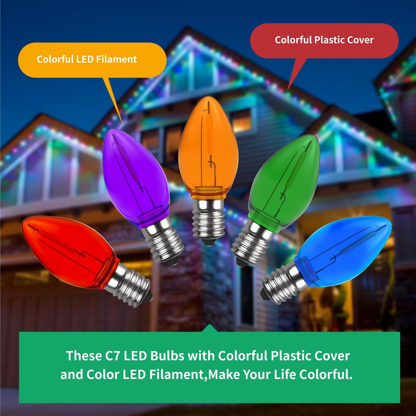 Meconard C7 Led Replacement Christmas Light Bulb, C7 Shatterproof Led Bulbs For Christmas Outdoor String Lights, E12 Candelabra Base, Commercial Grade Holiday Bulbs, Multi-Color, 25 Pack