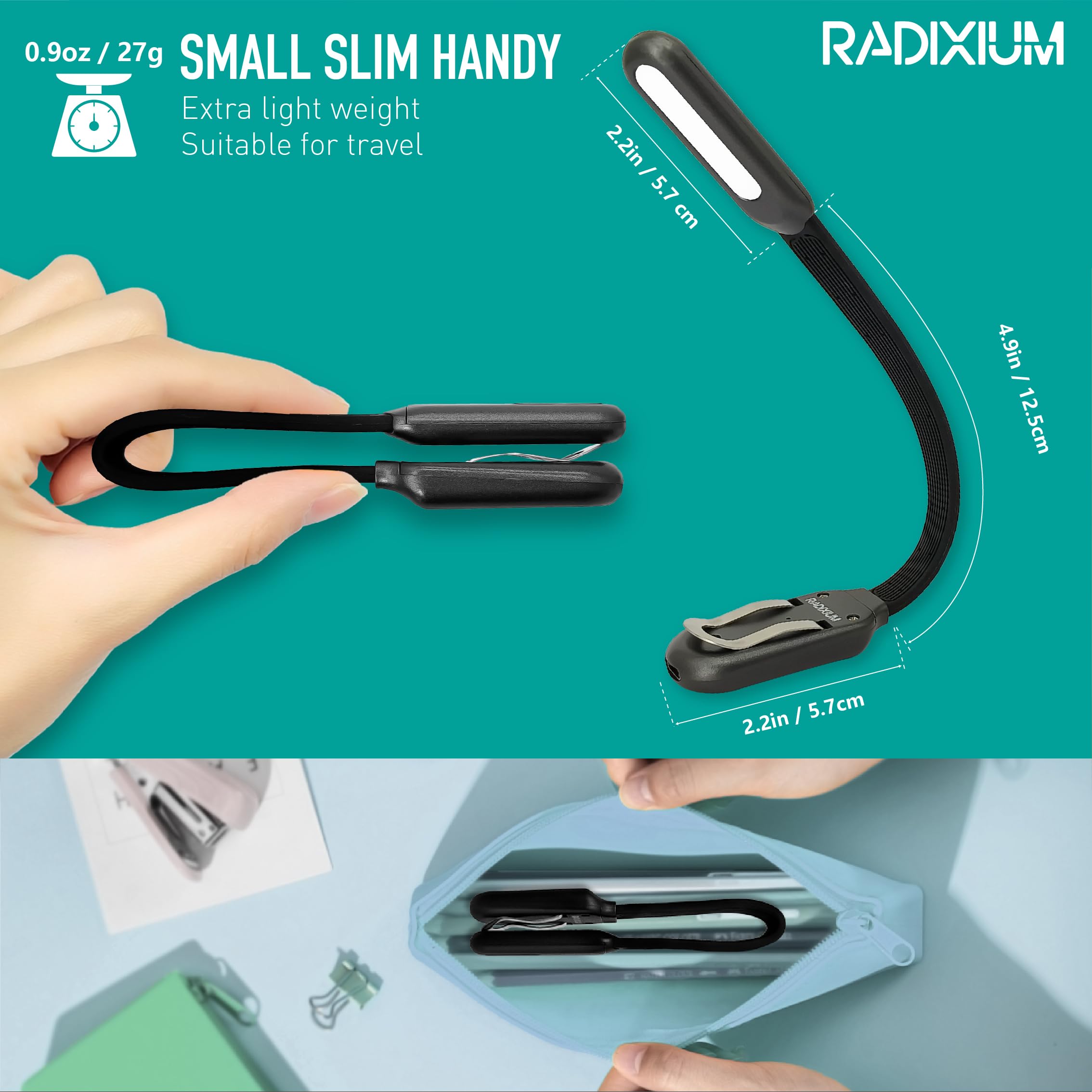 RADIXIUM Slim Rechargeable Book Reading Light, Eye-Caring LED, 4 Color Temperatures, Portable Clip-On, Gray, Model AI4804BM