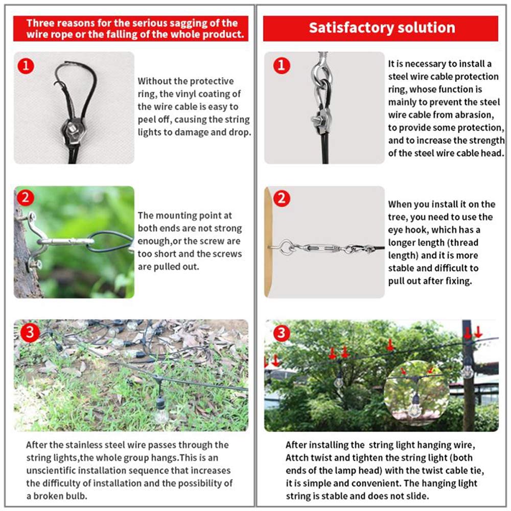 Byshun Outdoor Lights Hanging Kit,Globe String Light Suspension Kit,100Ft Black Vinyl-Coated 304 Stainless Steel Guide Wire Cable,Include Wire Rope Tension Turnbuckle And Eye Hooks