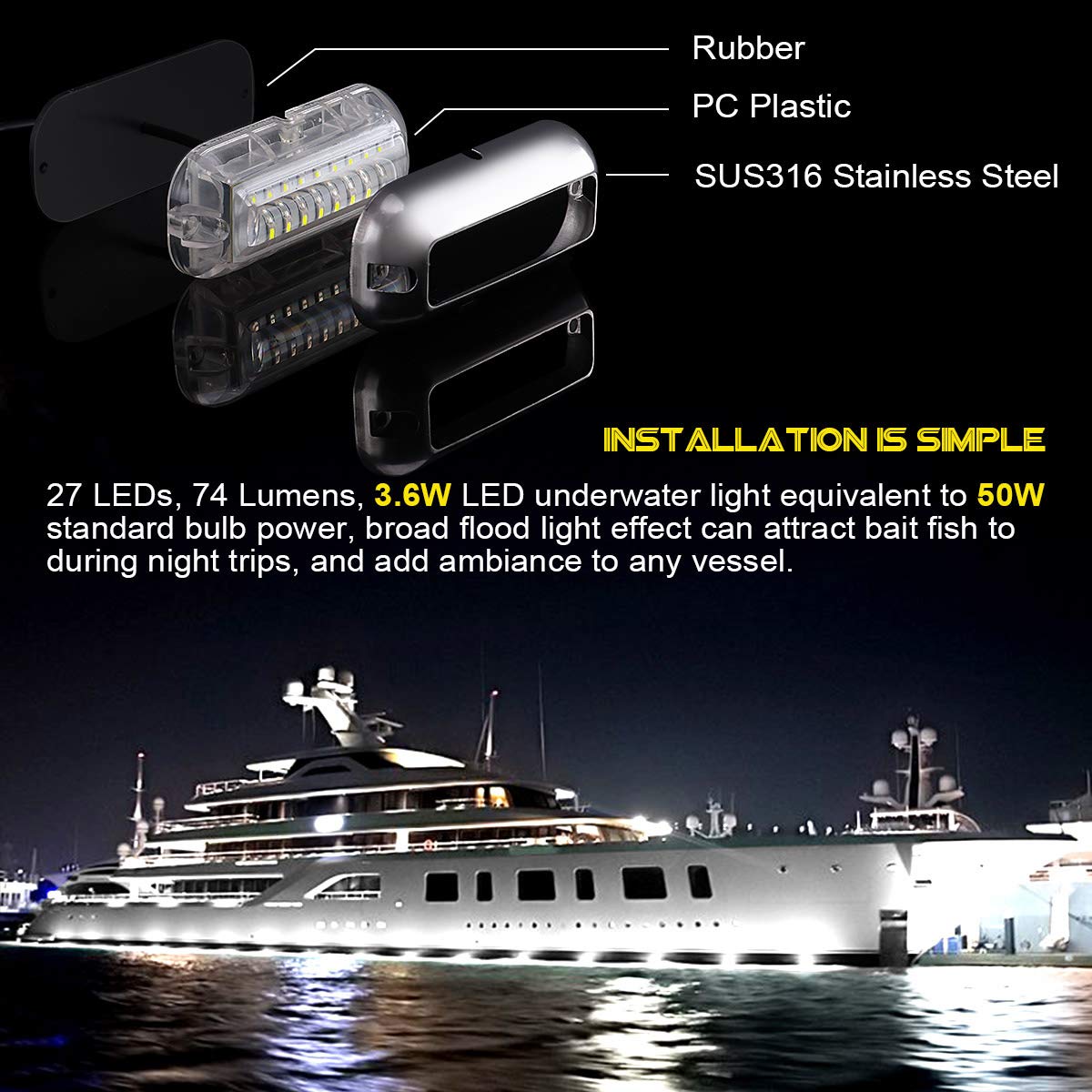 Kawell 27 LED Underwater Boat Lights Waterproof IP68 SUS316 Stainless Steel Marine Transom Lights White 55-AU786-W