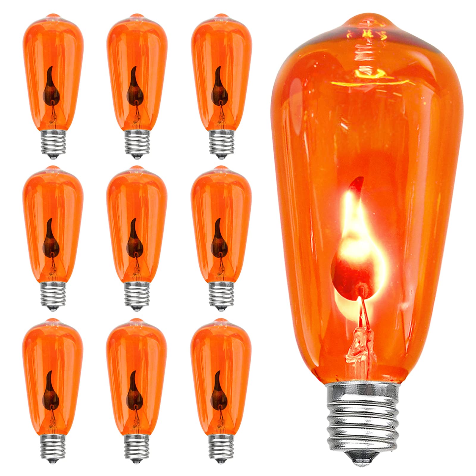 SUNSGNE Halloween Orange Flame Light Bulbs, 10-Pack E17 Flickering Flame Bulb ST40 Edison Replacement Bulbs for ST40 String Ligh