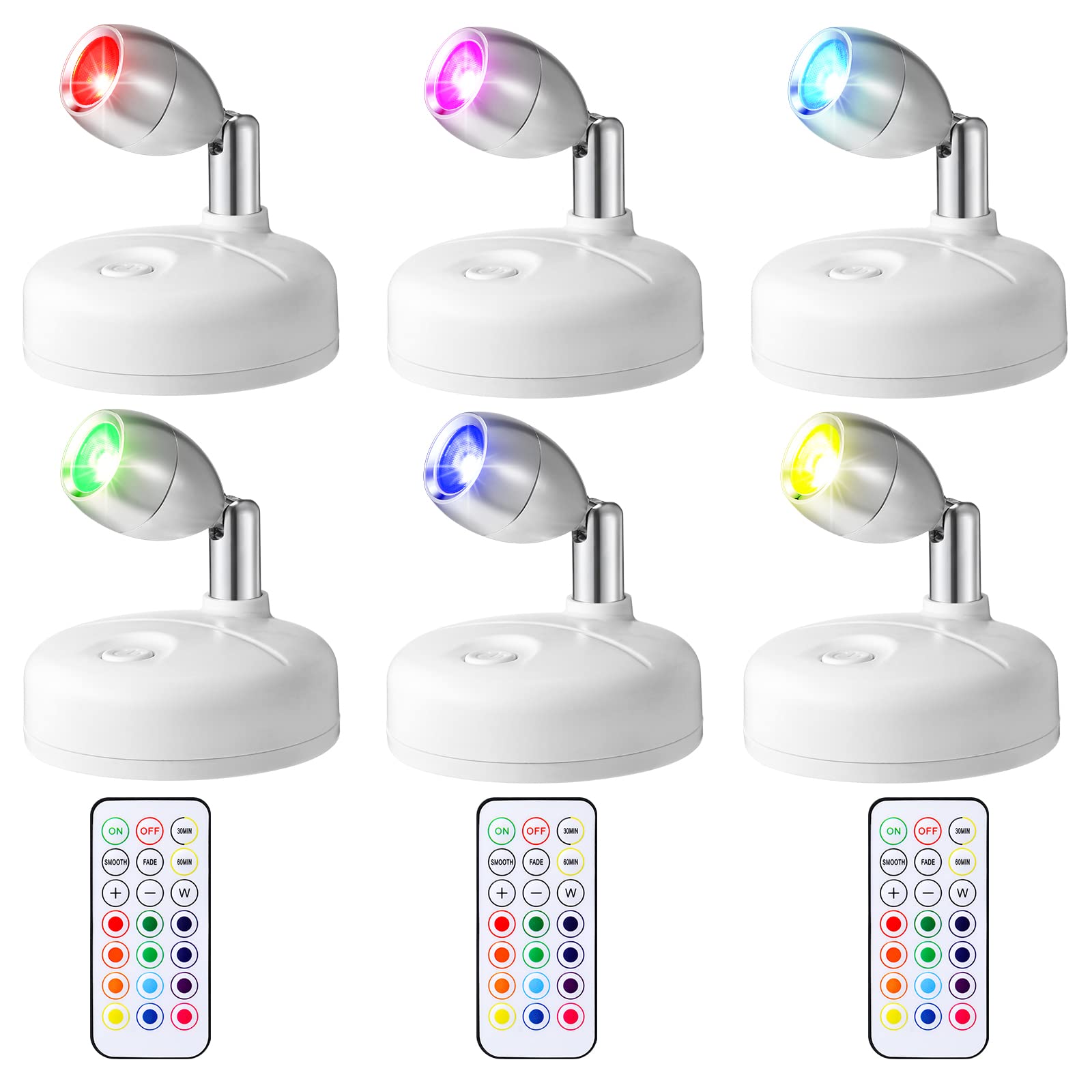 Hortsun 6-Pack White Led Spotlights, Wireless Indoor Up Lights With Rotatable Heads For Art