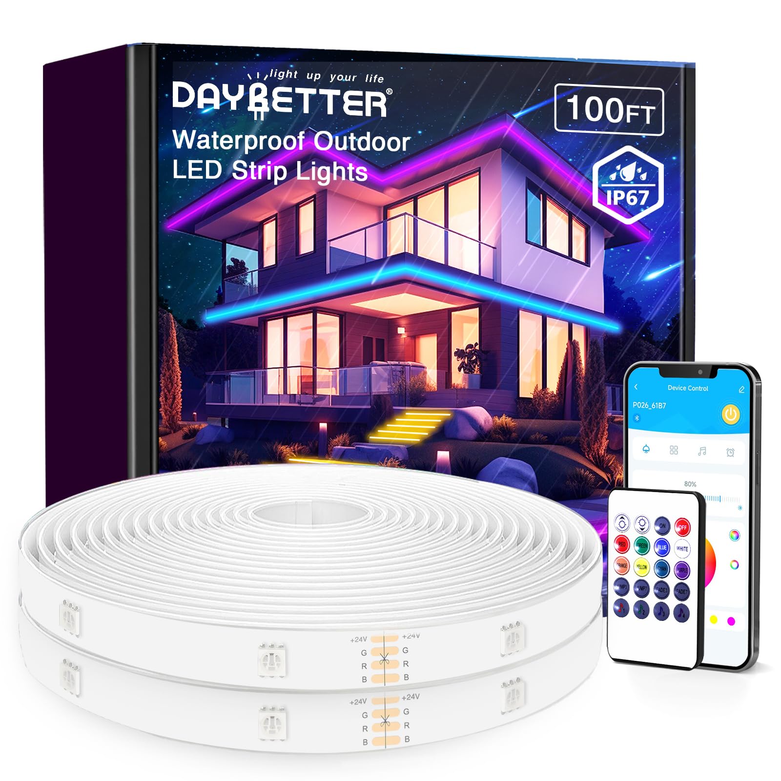 DAYBETTER Outdoor LED Strip Lights, 100ft IP67 Waterproof, RGB Color Changing, Music Sync APP Control, Multicolor, Model TTGA001