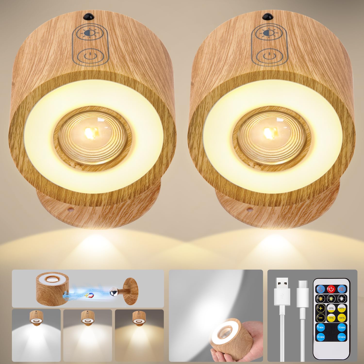 Plomixius LED Wall Mounted Lights, 2 Pcs, Rechargeable, 3 Lighting Modes, Dimmable, Burlywood, Model YMX-1011