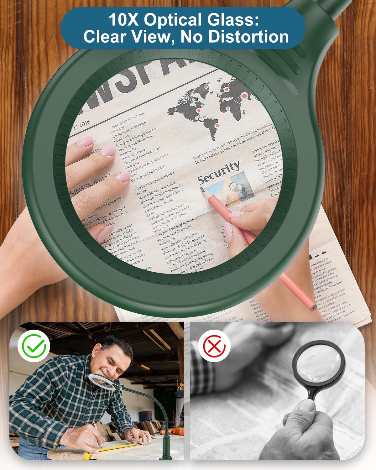 RackydigPro 10X Magnifying Glass with LED Light, Flexible Gooseneck Desk Lamp, Plastic, Green, Model GJT031FE01R