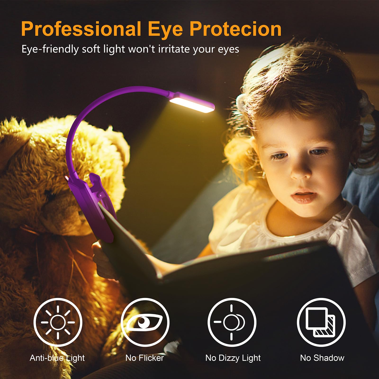 Gritin 9 LED Rechargeable Book Light - Eye Caring, 3 Color Temperatures, Stepless Dimming, Compact Size, Dark Purple, Model G1330