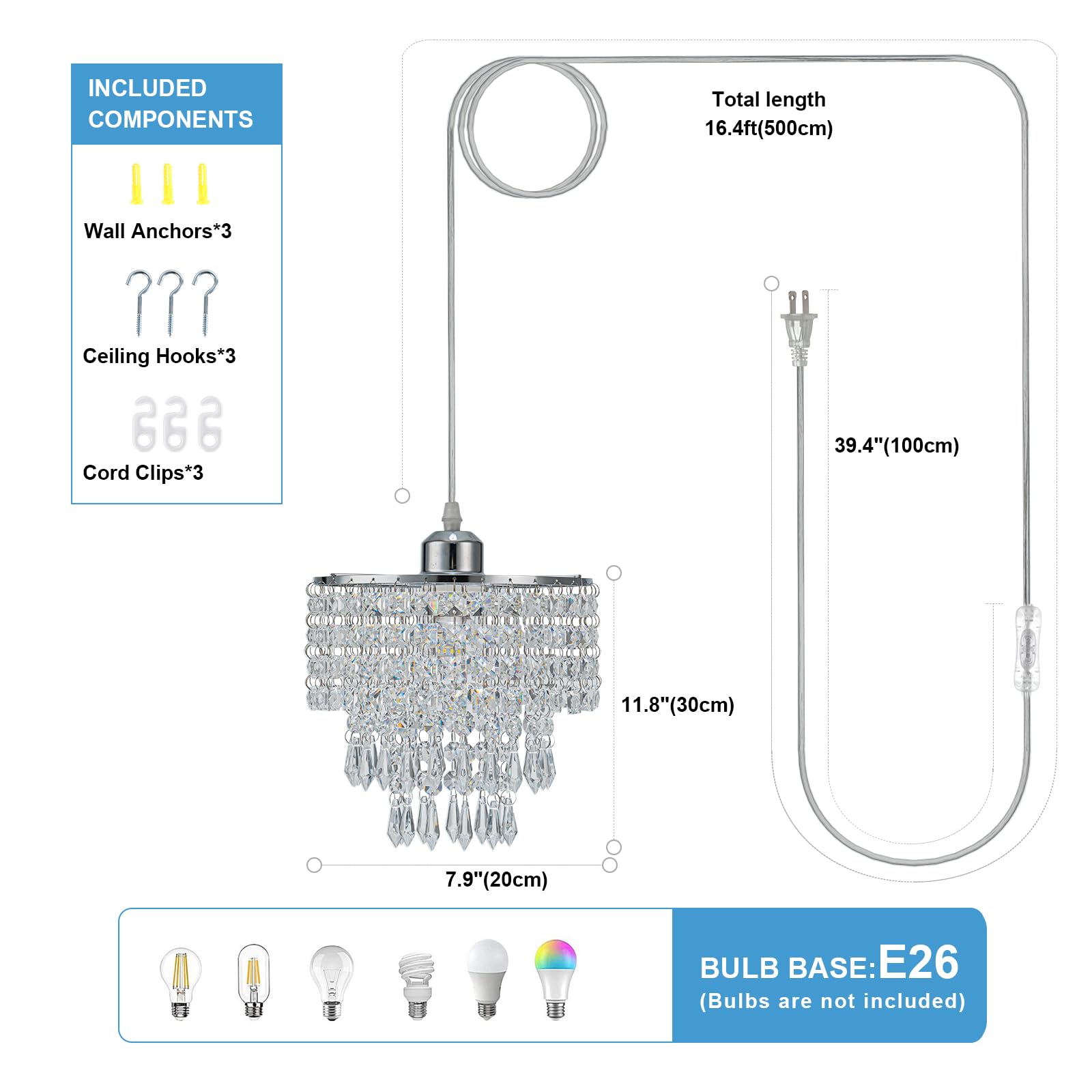 8'' Hanging Lamp Plug In Chandelier Hanging Lights With Plug In Cord Pendant Light Plug In With 16.4Ft Cord For Bedroom Kitchen