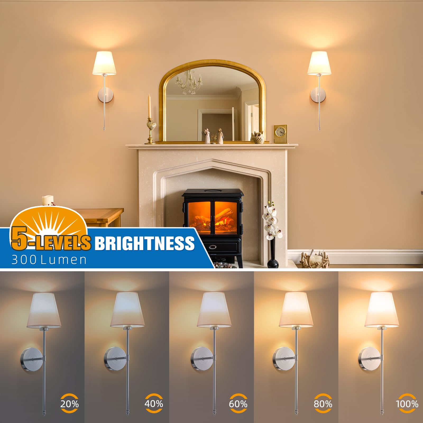 NIORSUN Wall Sconce Set of 2, 19.9 inch Brushed Nickel, Rechargeable Dimmable Bulbs, Remote, Model SW025